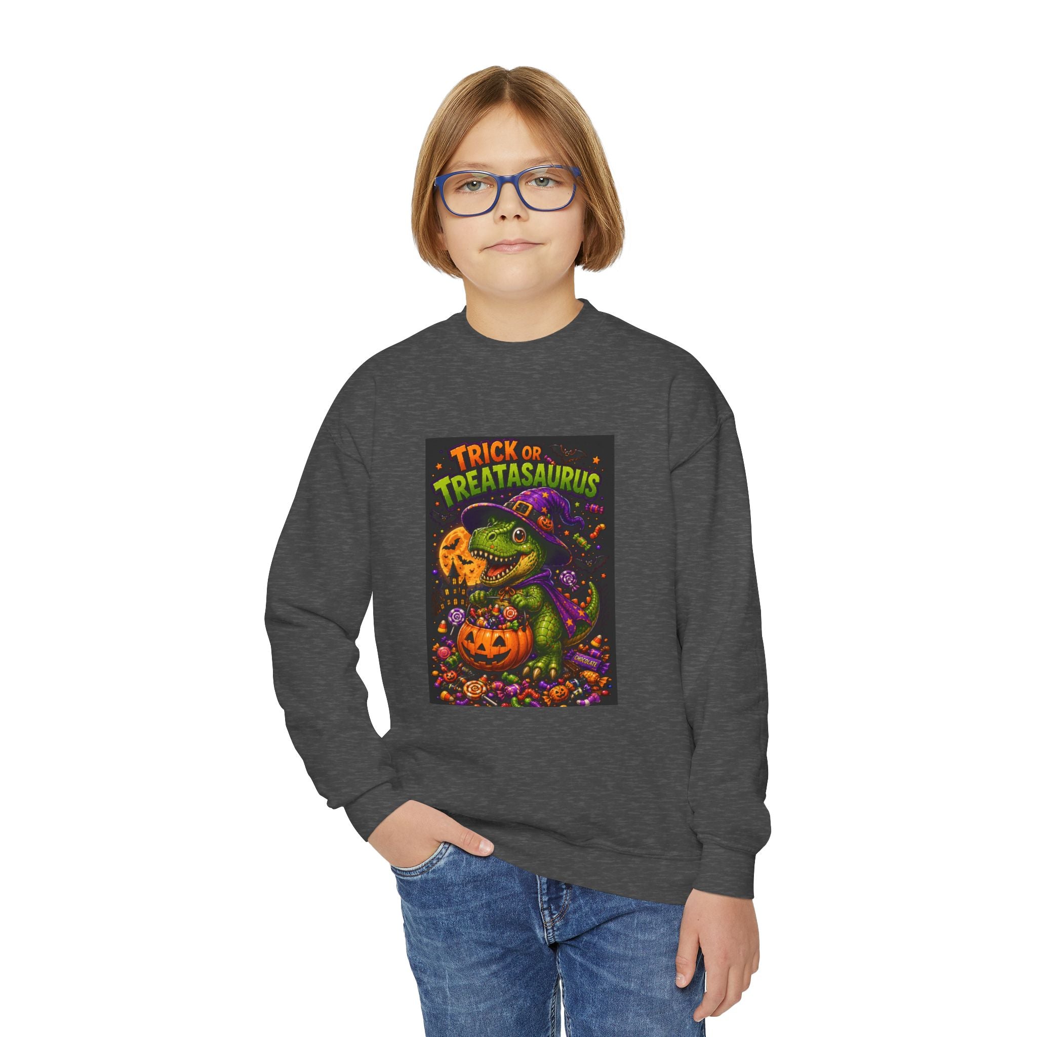 Youth Halloween Sweatshirt — "Trick or Treatasaurus" Dino Pumpkin Crewneck
