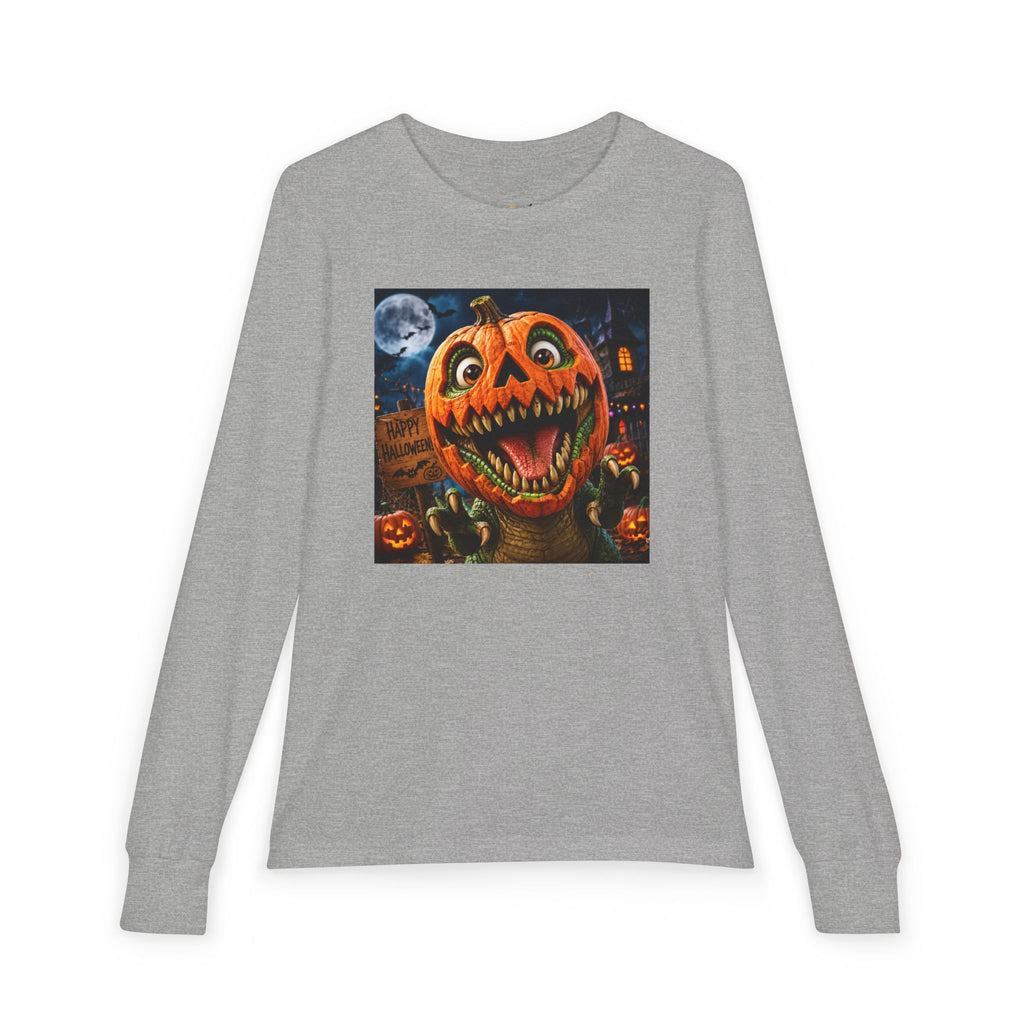 Youth Long Sleeve Tee — Spooky Dinosaur Jack-O'-Lantern Halloween Shirt (Custom Name)