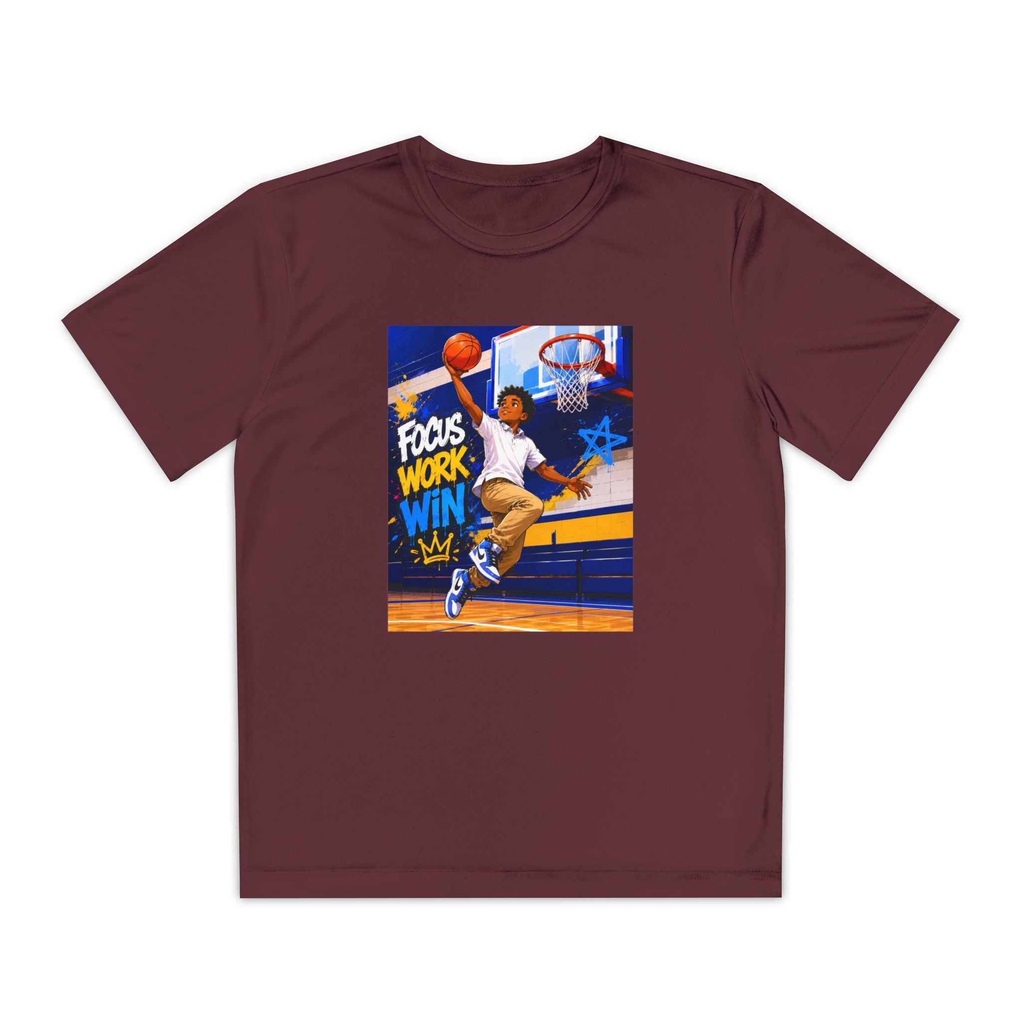 Youth Basketball Tee, Back to School — "Focus Work Win" Personalized Name Jersey