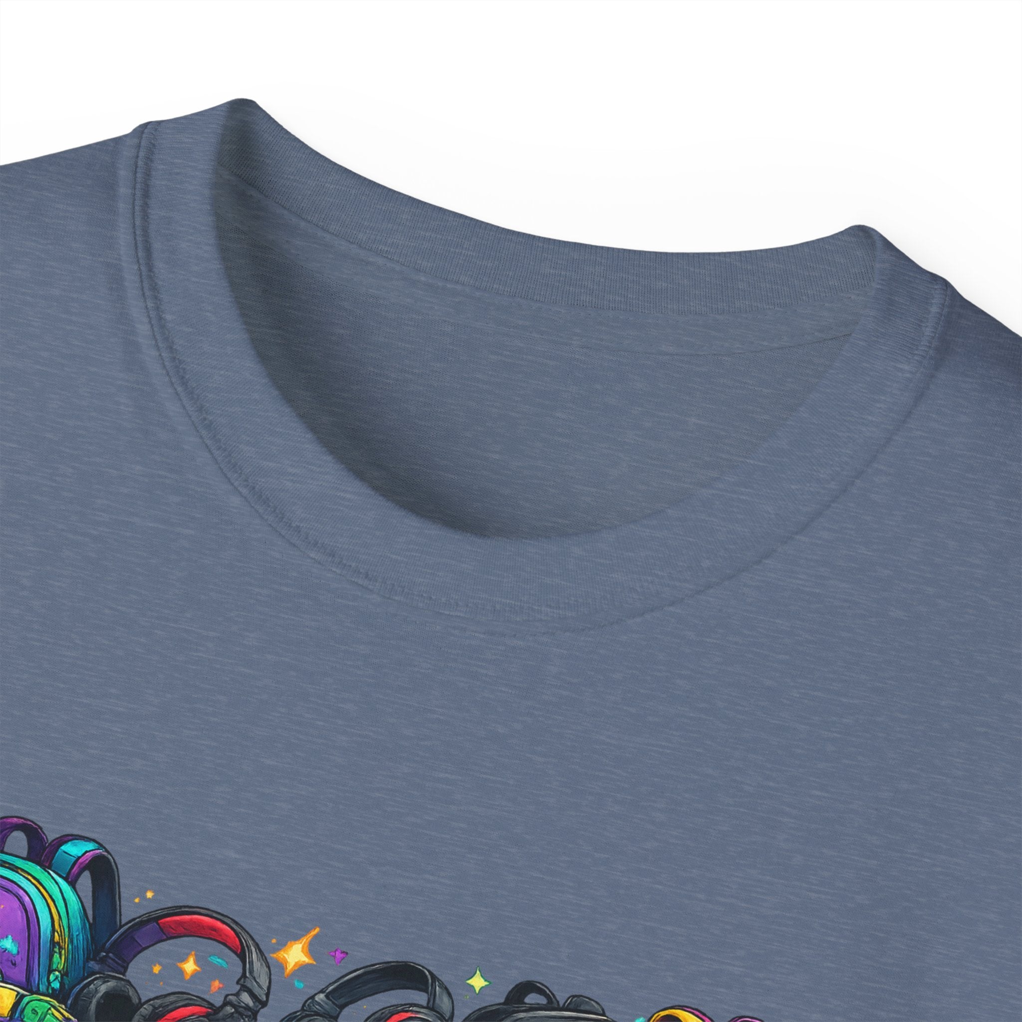 Colorful Sneaker Stack Tee — Graphic Shoe & Backpack Illustration T‑Shirt