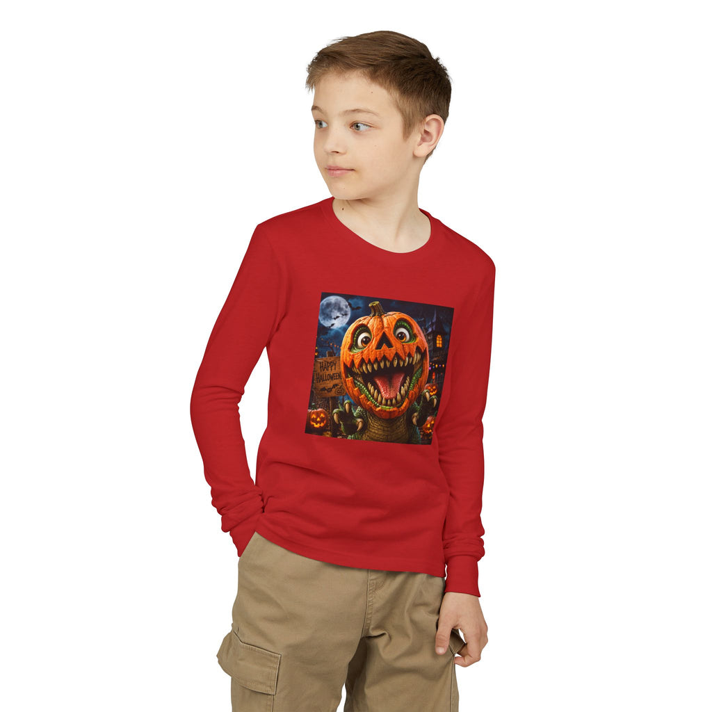 Youth Long Sleeve Tee — Spooky Dinosaur Jack-O'-Lantern Halloween Shirt (Custom Name)