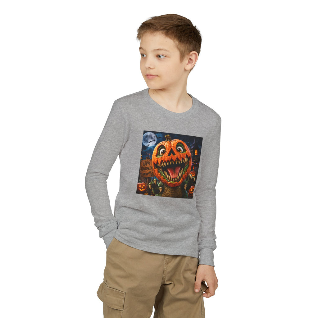 Youth Long Sleeve Tee — Spooky Dinosaur Jack-O'-Lantern Halloween Shirt (Custom Name)