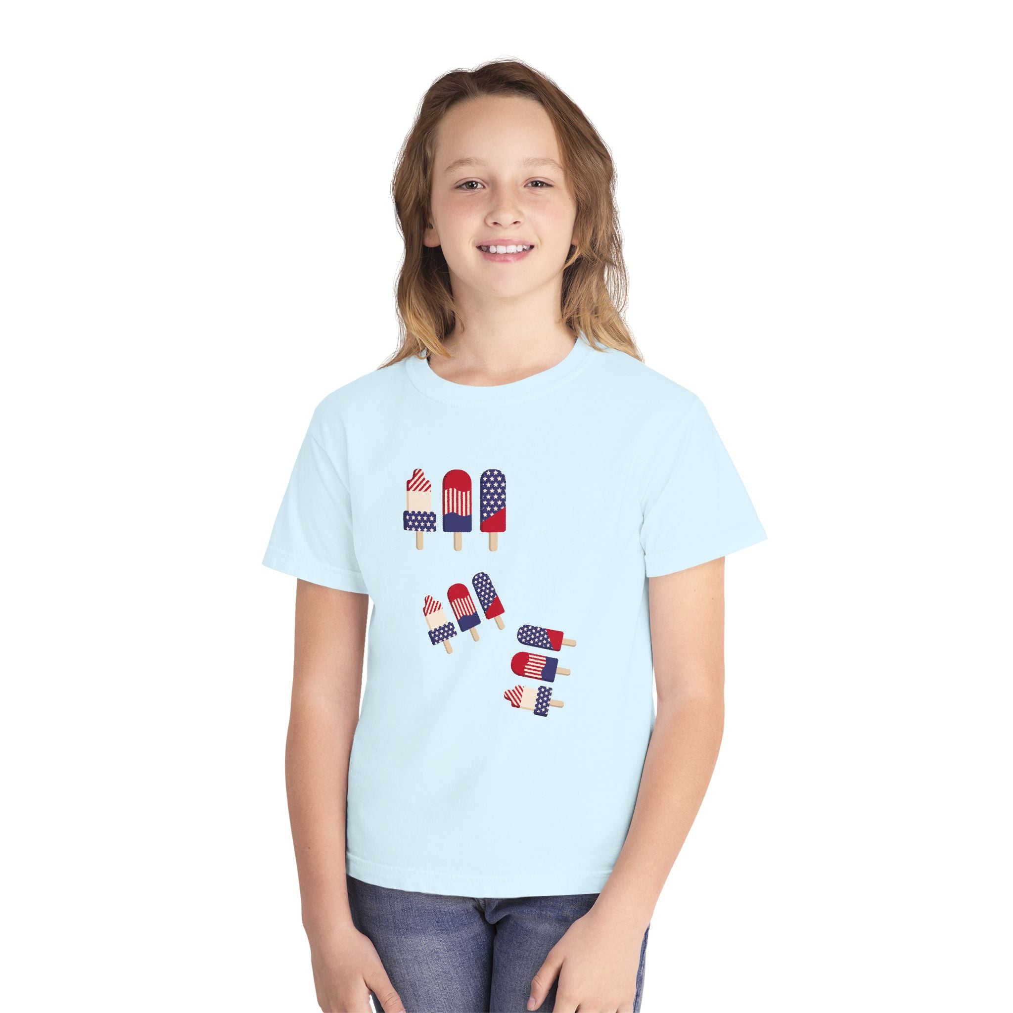 Youth Ice Pop Tee — Patriotic American Flag Popsicle Kids T‑Shirt (Custom Name Option)
