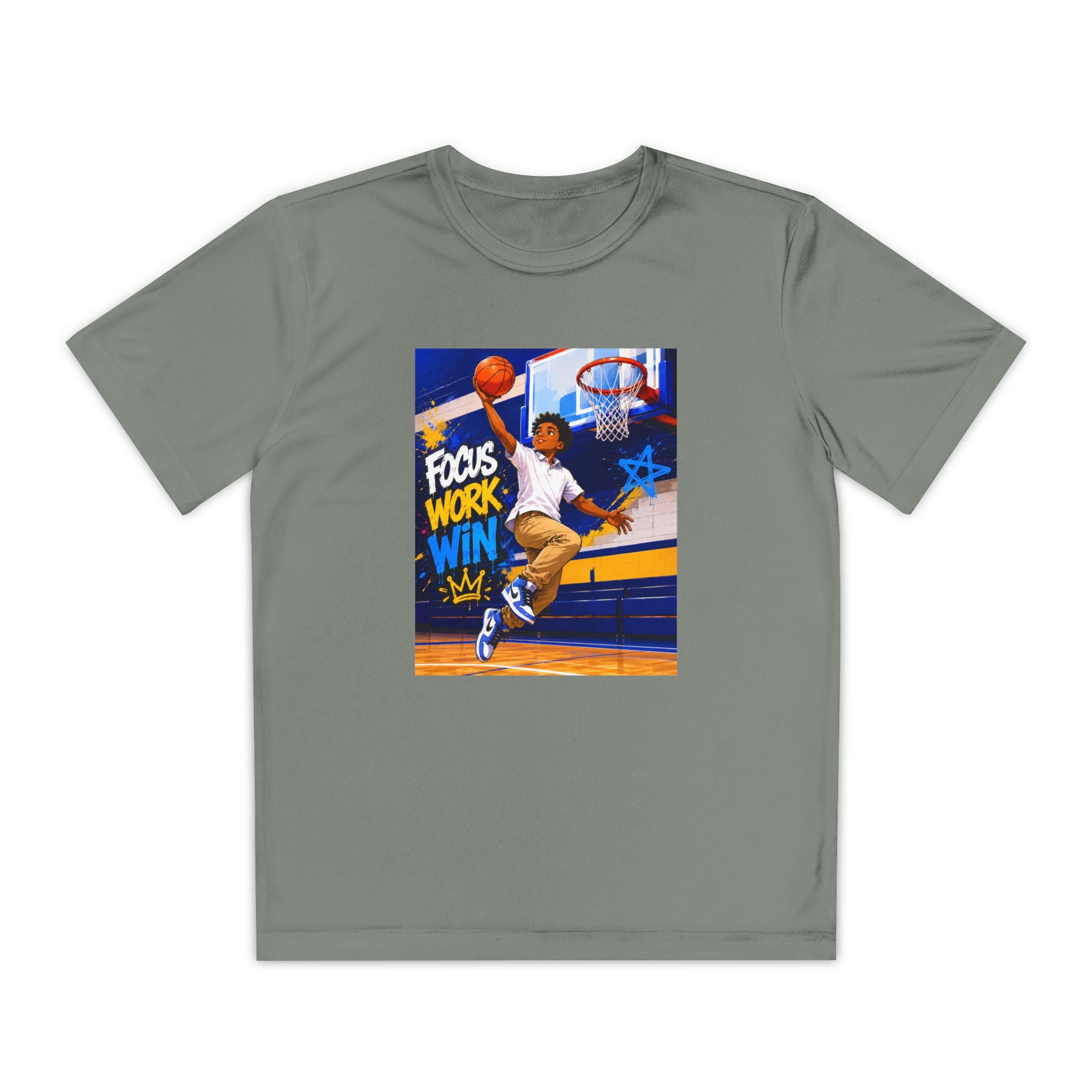 Youth Basketball Tee, Back to School — "Focus Work Win" Personalized Name Jersey