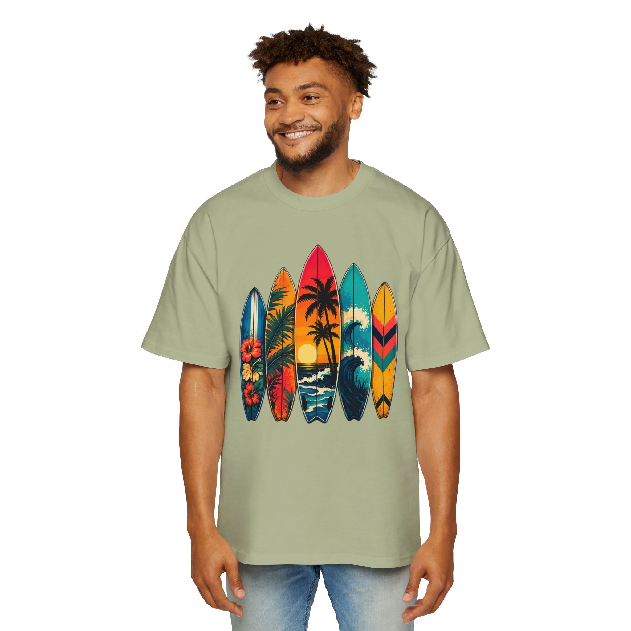 Surfboard Graphic Tee — Vintage Tropical Beach Shirt for Men