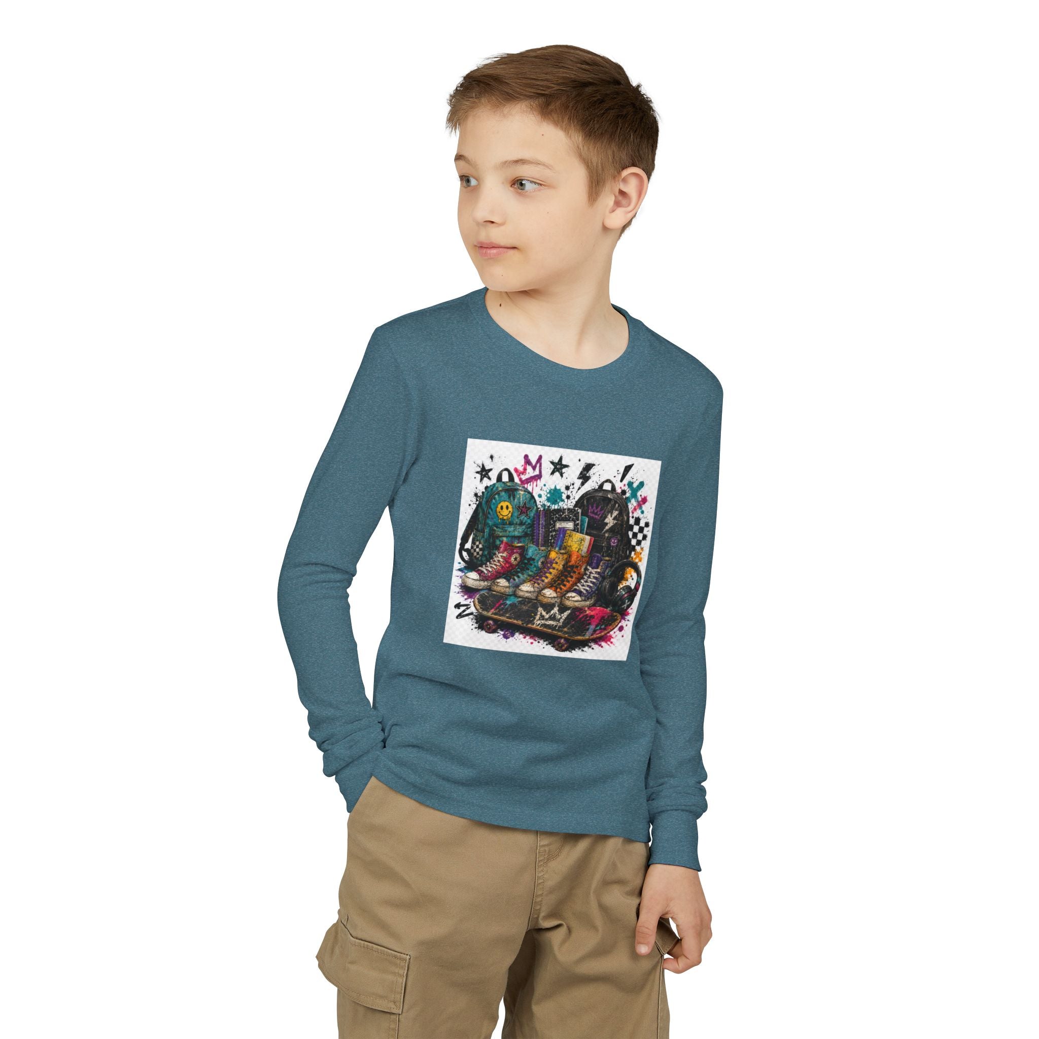 Youth Long Sleeve Tee — Colorful Skateboard & Sneakers Graphic