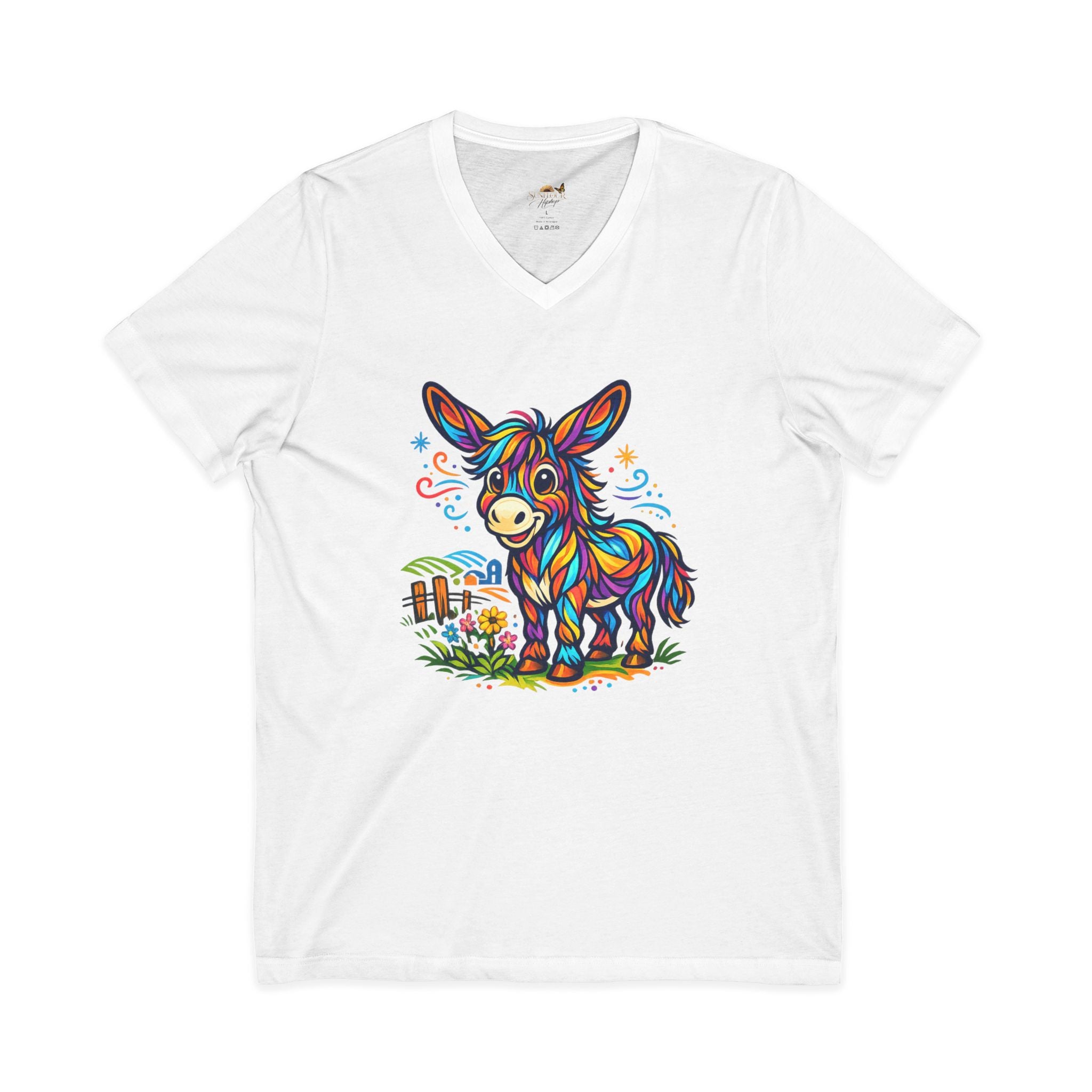 Colorful Donkey V-Neck Tee — Whimsical Farm Animal Graphic Shirt