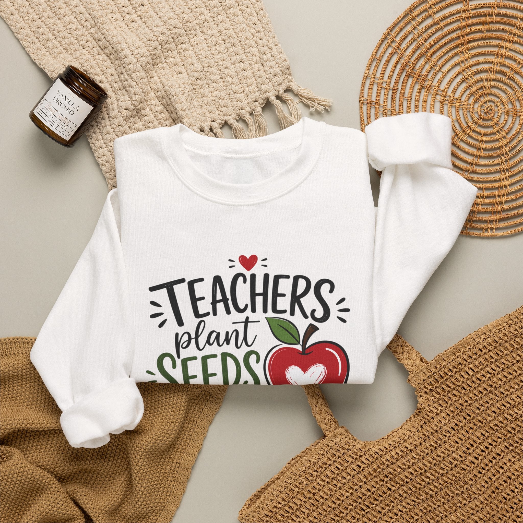 Teacher Sweatshirt — "Teachers Plant Seeds That Grow Forever" Apple Crewneck (Growing Hearts & Minds)