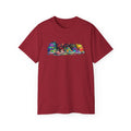 Colorful Sneaker Stack Tee — Graphic Shoe & Backpack Illustration T‑Shirt