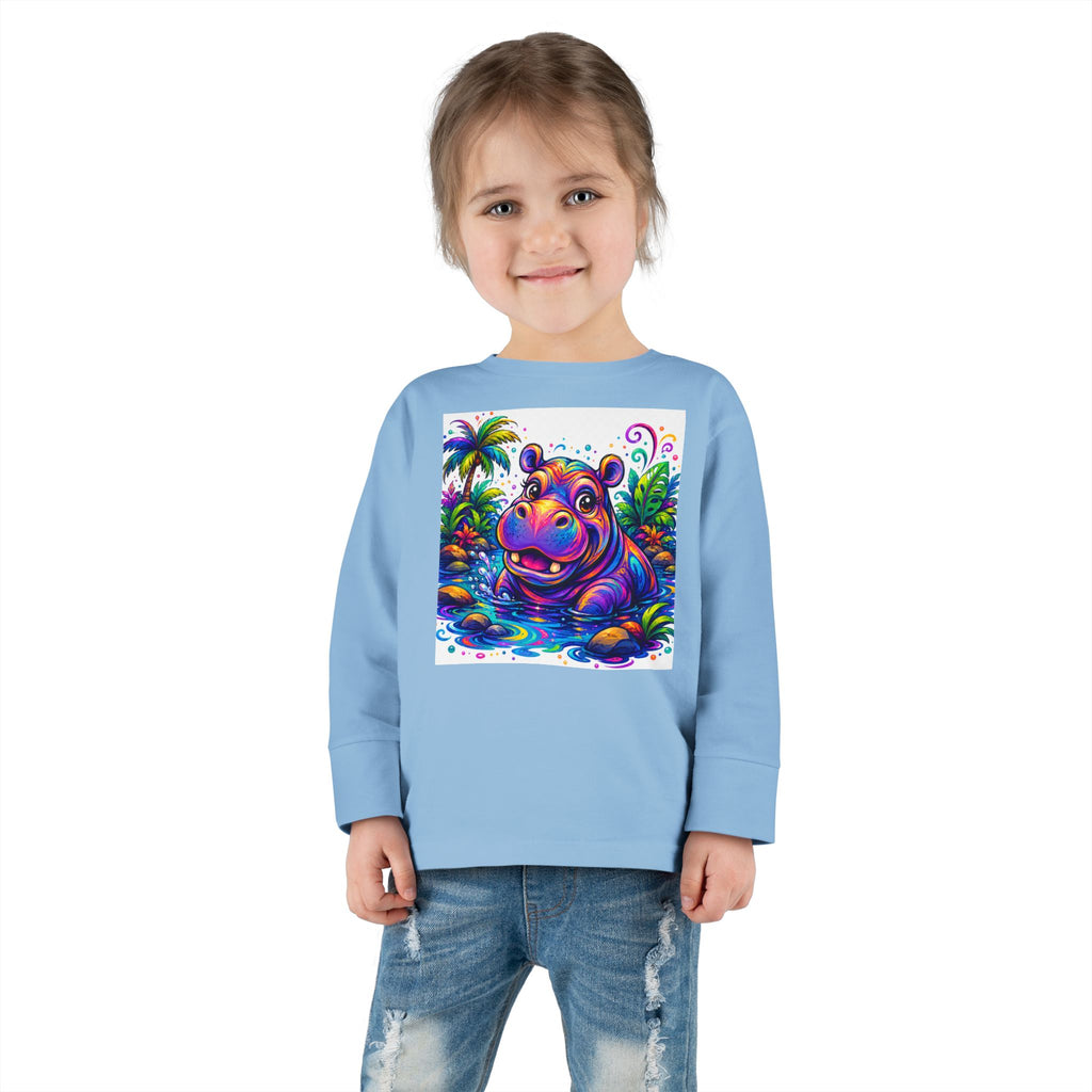 Colorful Hippo Toddler Long Sleeve Tee — Vibrant Jungle Animal Shirt for Kids