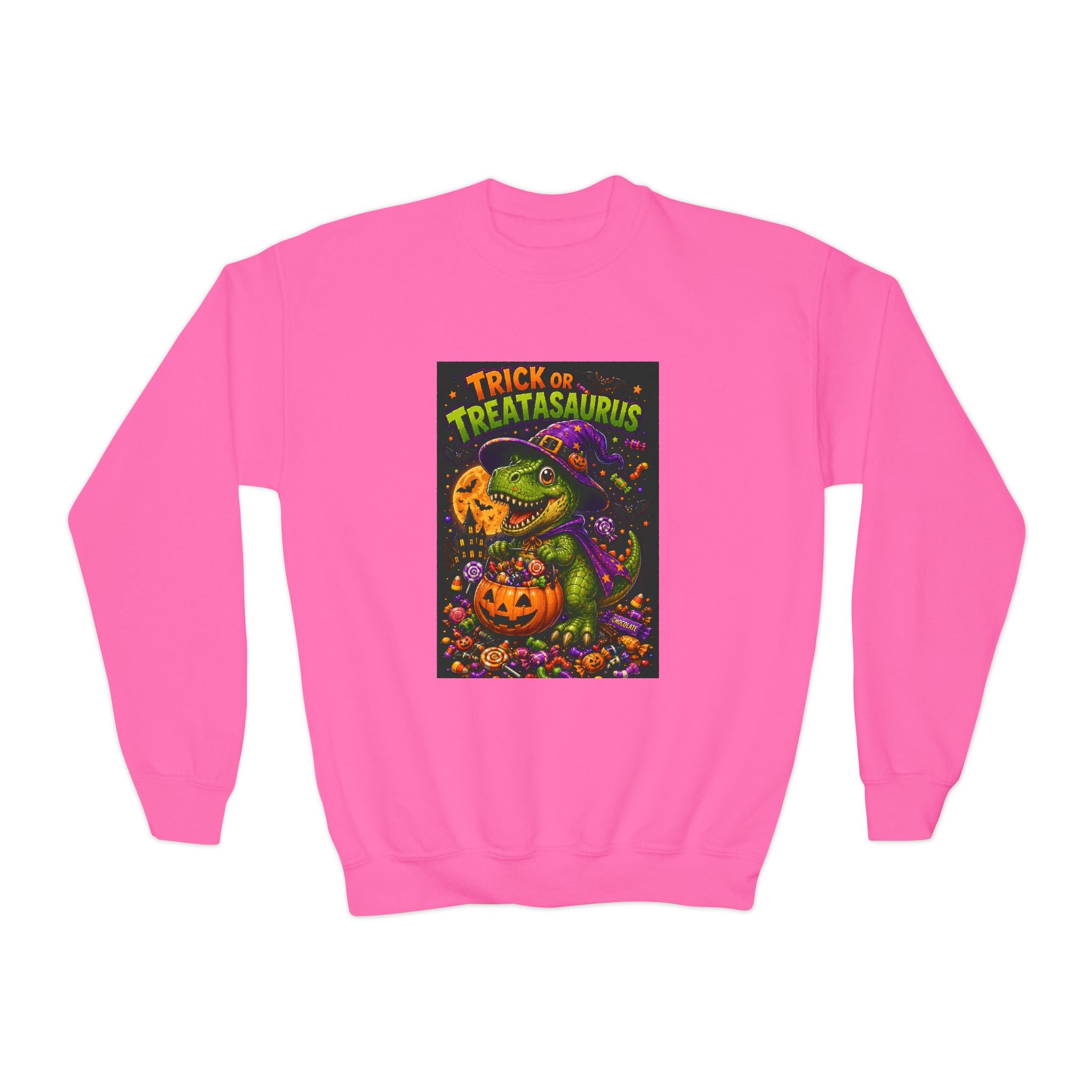 Youth Halloween Sweatshirt — "Trick or Treatasaurus" Dino Pumpkin Crewneck