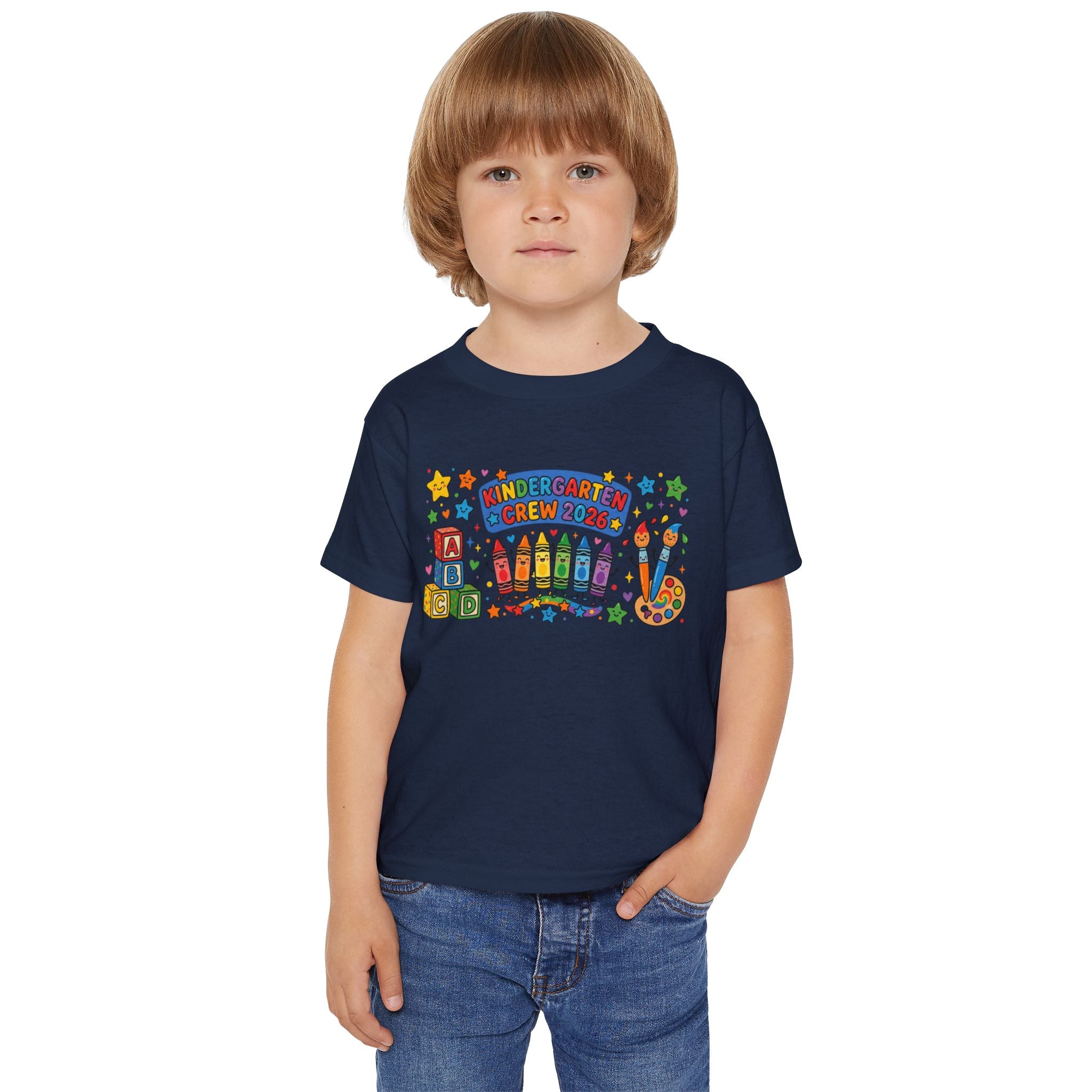 Toddler T-Shirt — "Kindergarten Crew 2026" Colorful Crayons & Blocks Back-to-School Tee