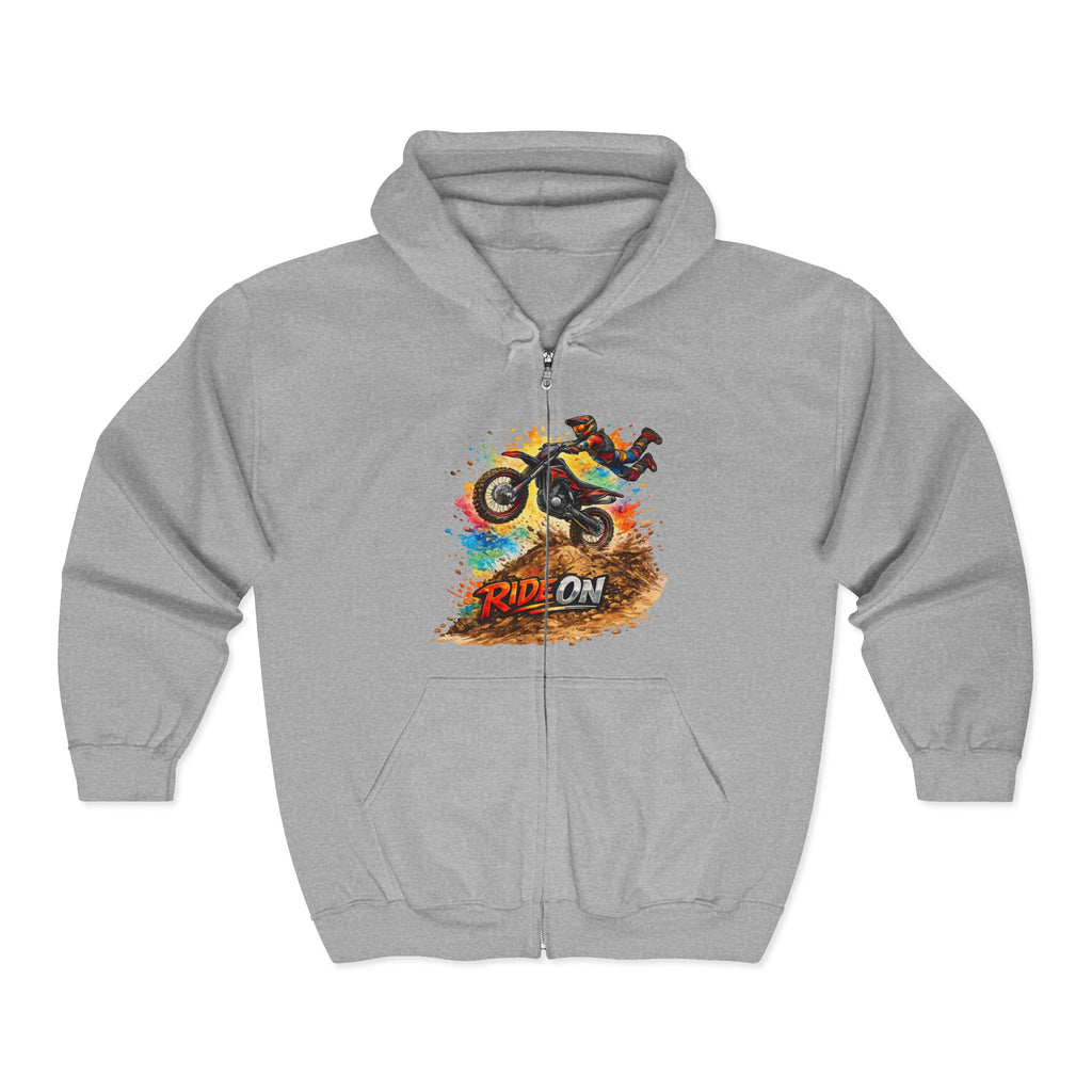 Motorbike Zip Hoodie - 'Ride On' Dirt Bike Graphic Full-Zip Sweatshirt