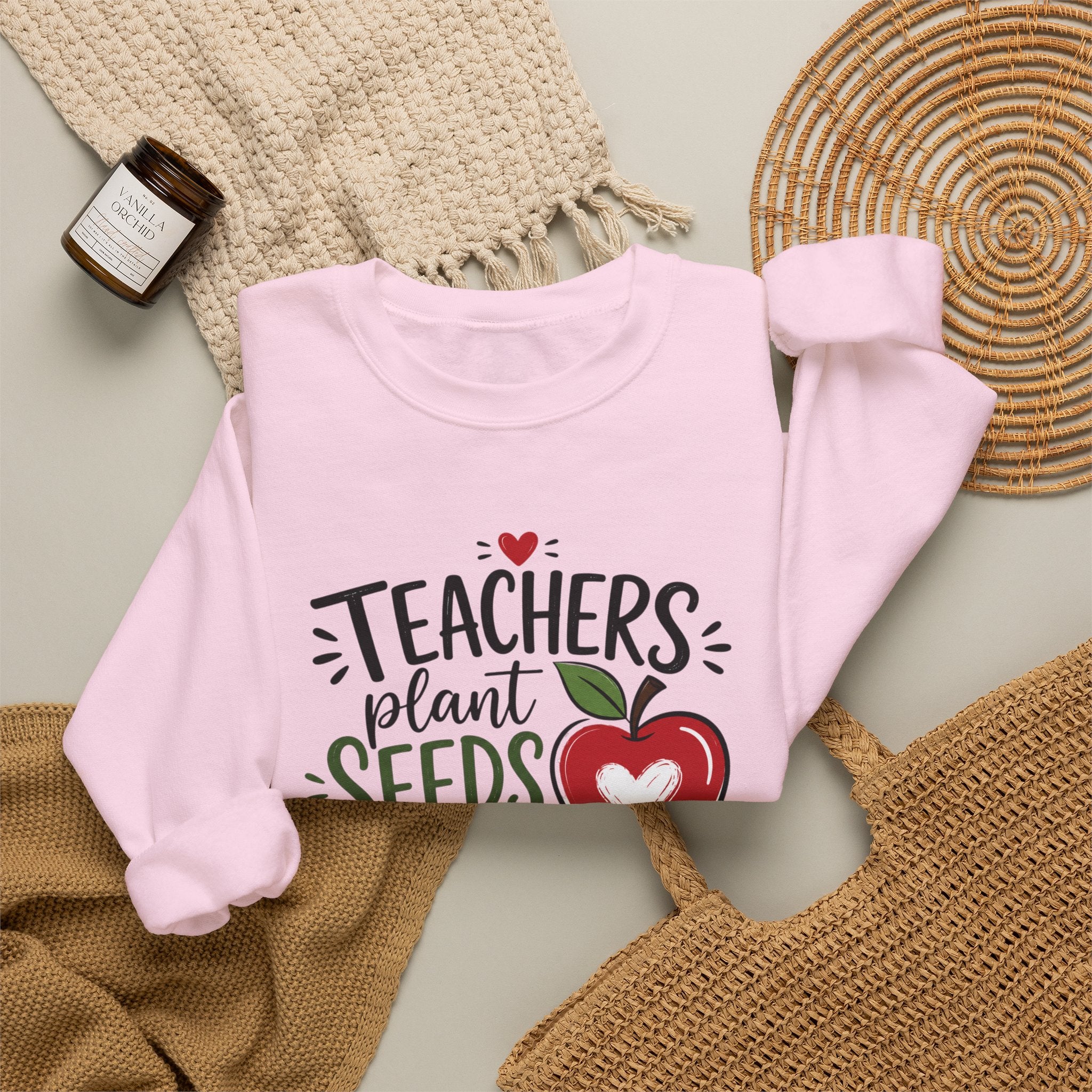 Teacher Sweatshirt — "Teachers Plant Seeds That Grow Forever" Apple Crewneck (Growing Hearts & Minds)