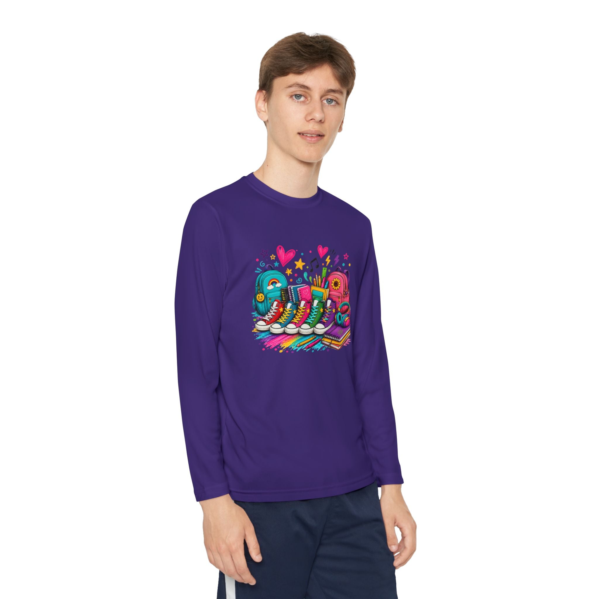 Youth Long Sleeve Tee — Colorful Sneaker Party Graphic