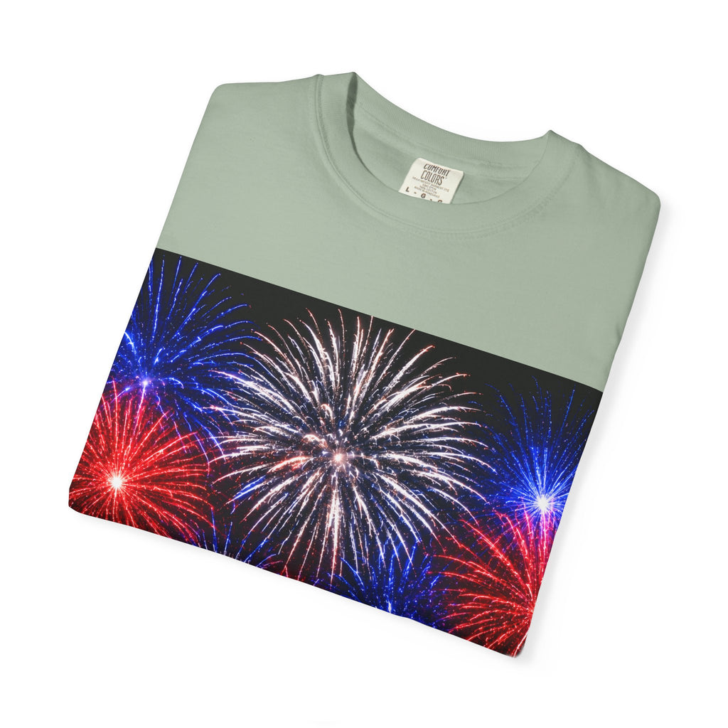 Fireworks Celebration T-Shirt — Red, White & Blue Festival Graphic