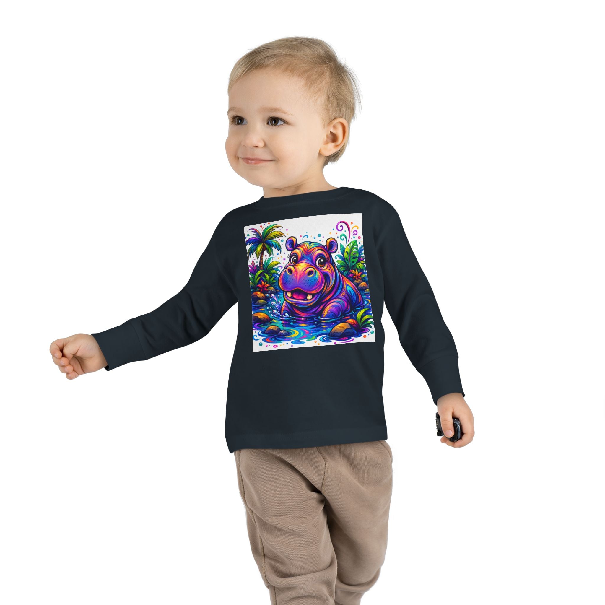 Colorful Hippo Toddler Long Sleeve Tee — Vibrant Jungle Animal Shirt for Kids