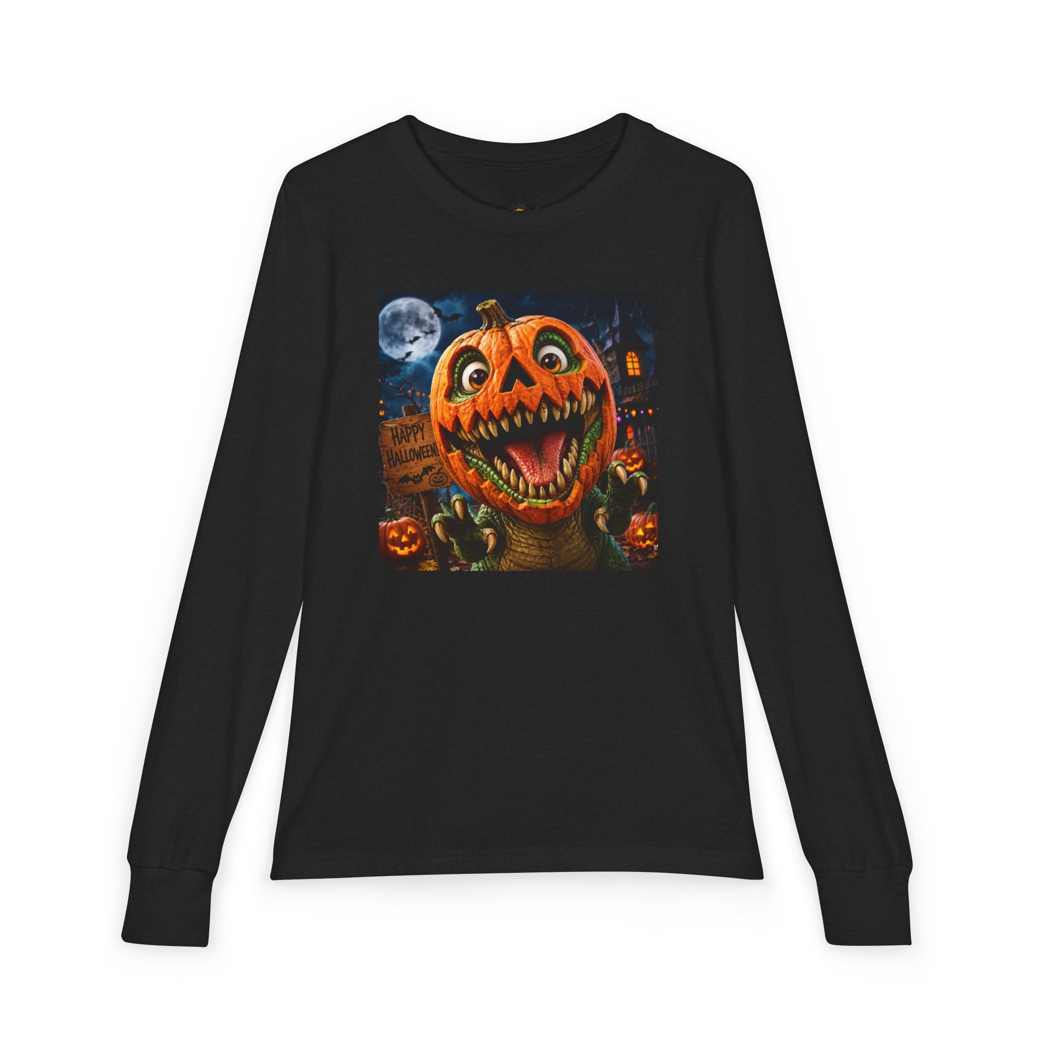 Youth Long Sleeve Tee — Spooky Dinosaur Jack-O'-Lantern Halloween Shirt (Custom Name)