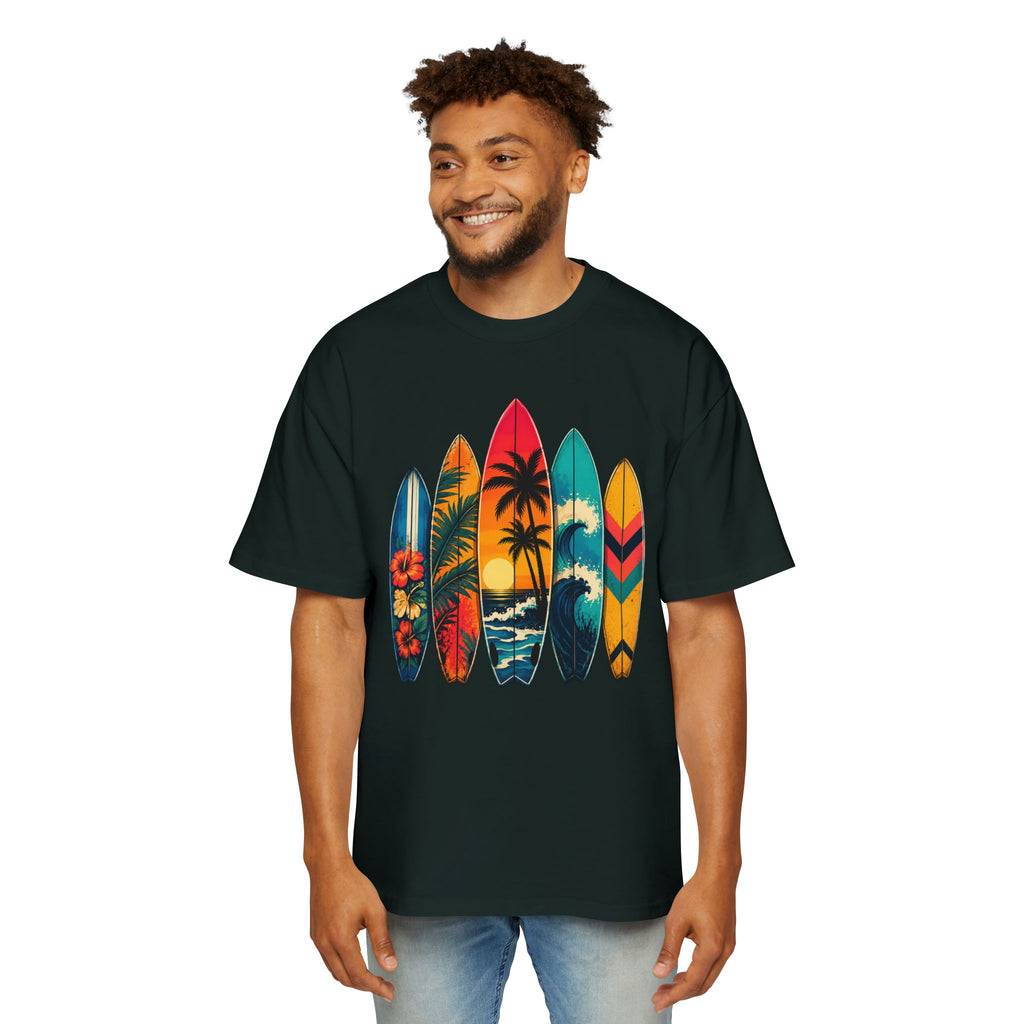 Surfboard Graphic Tee — Vintage Tropical Beach Shirt for Men