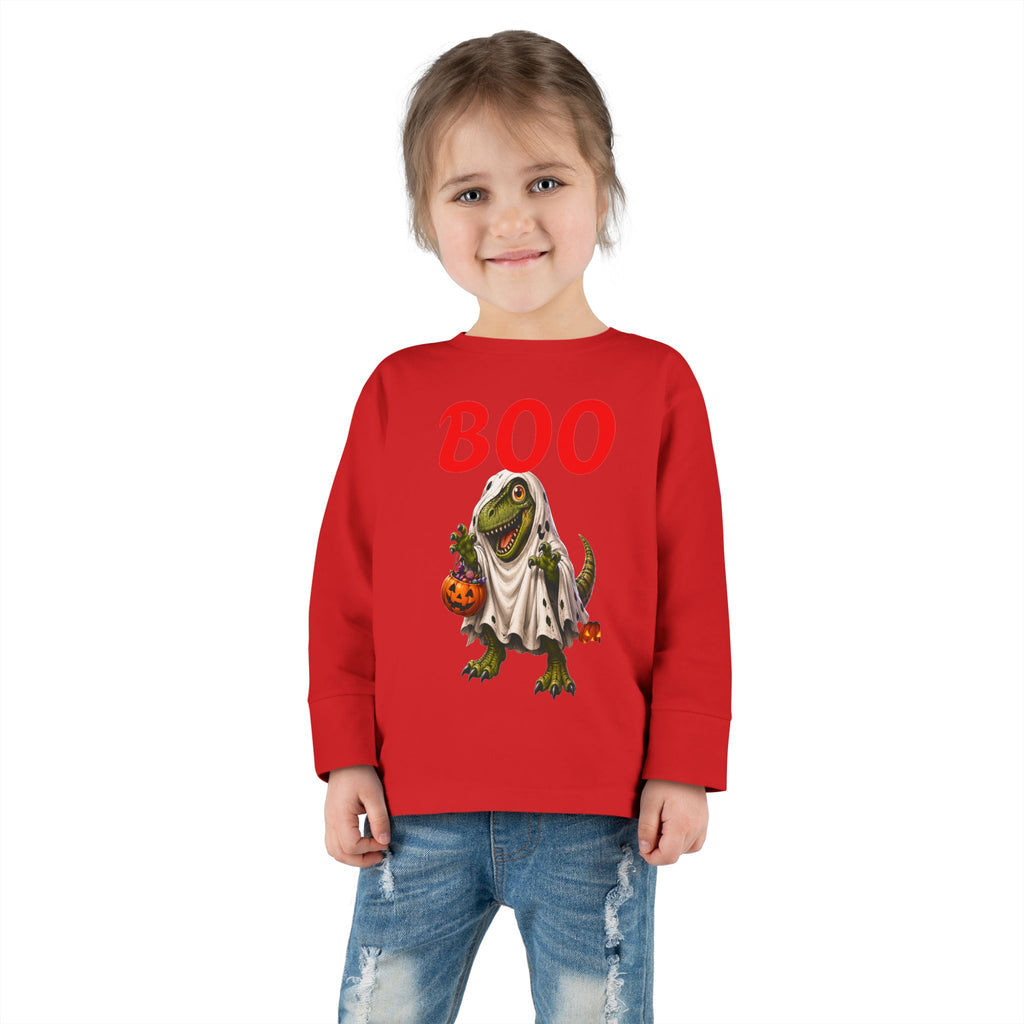 Halloween Toddler Long Sleeve Tee — Cute Dinosaur Ghost "BOO!" Halloween Shirt