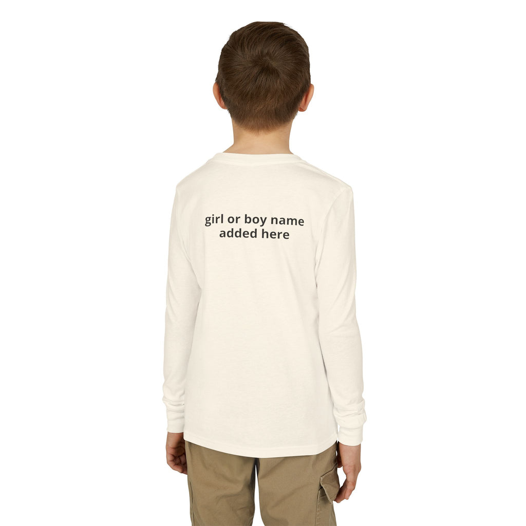 Youth Long Sleeve Tee — Spooky Dinosaur Jack-O'-Lantern Halloween Shirt (Custom Name)