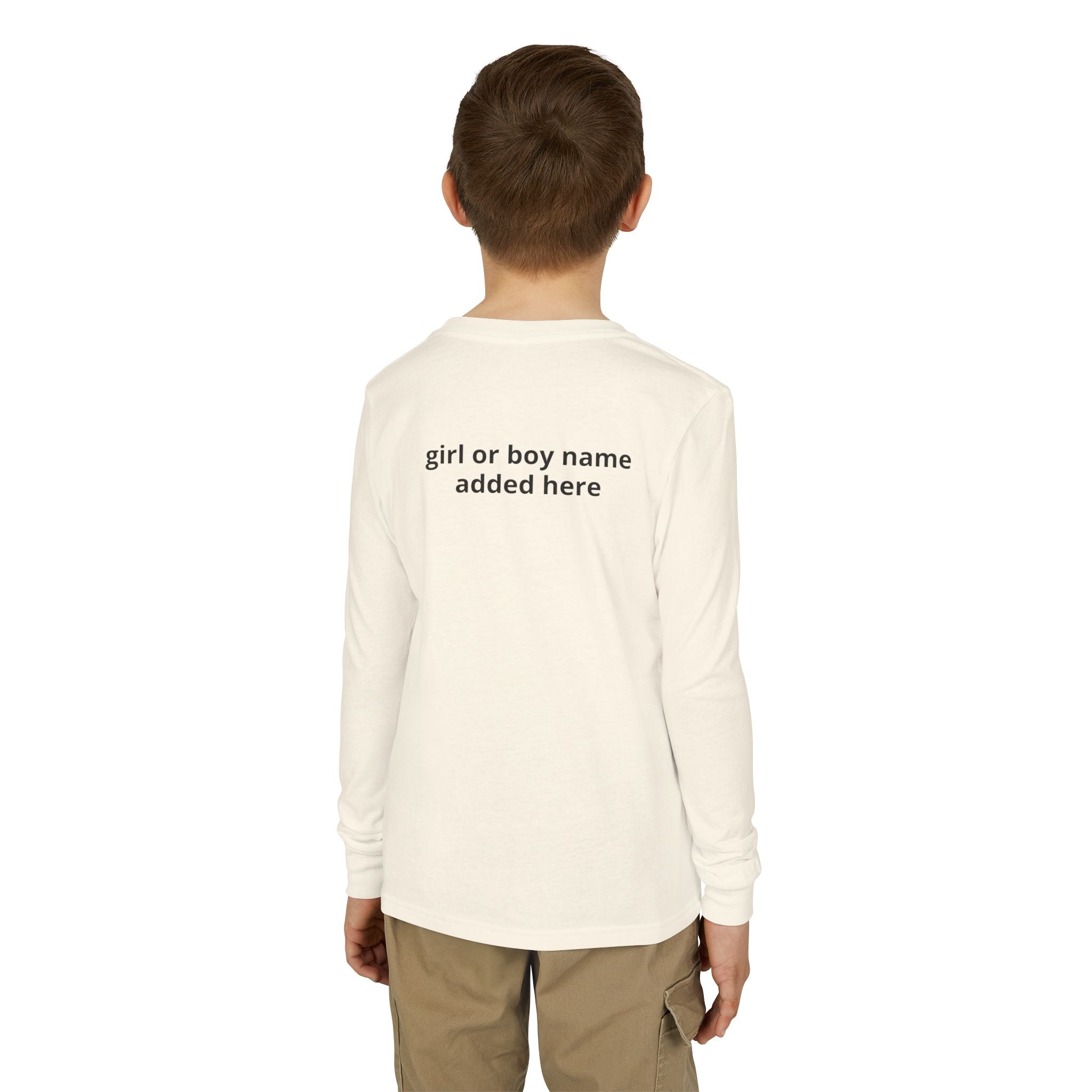 Youth Long Sleeve Tee — Spooky Dinosaur Jack-O'-Lantern Halloween Shirt (Custom Name)