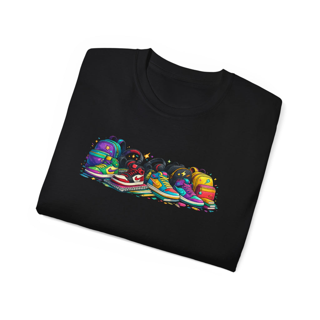Colorful Sneaker Stack Tee — Graphic Shoe & Backpack Illustration T‑Shirt