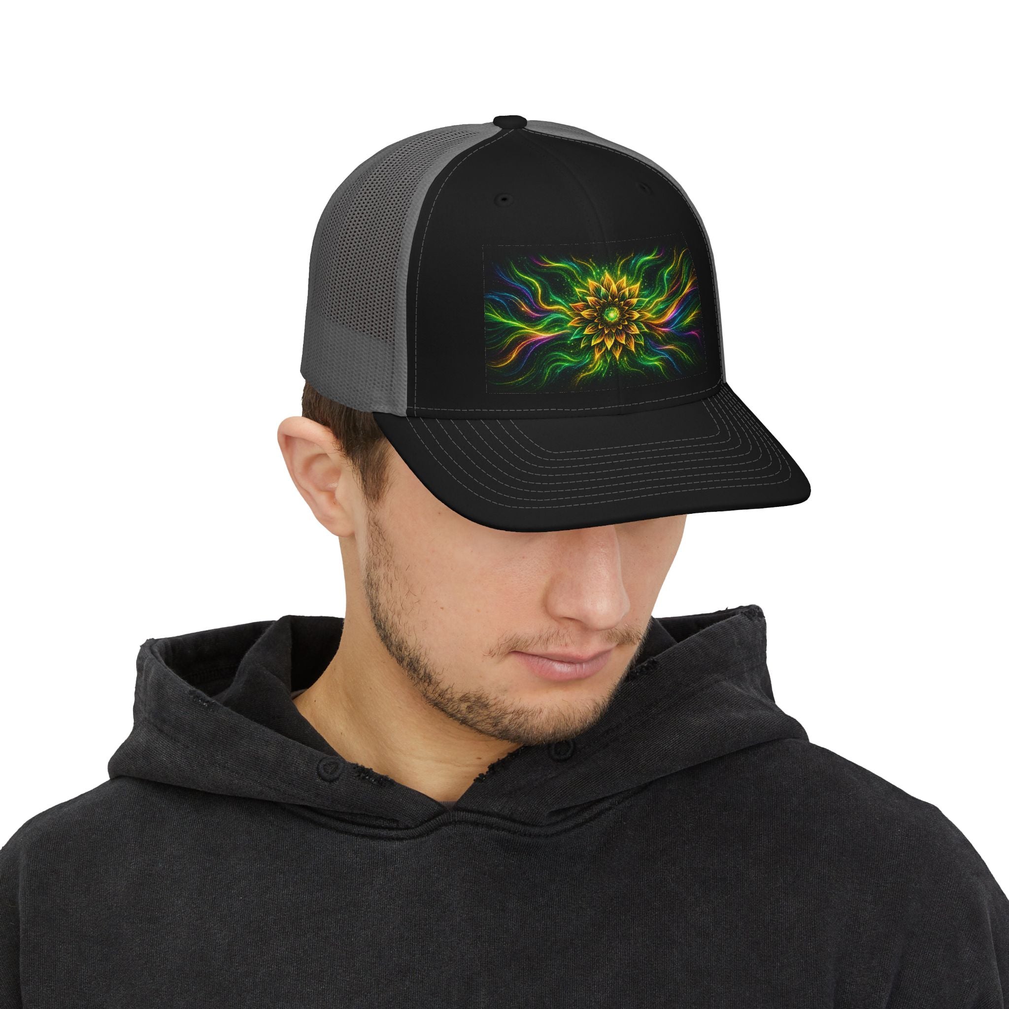 Psychedelic Sunflower Trucker Hat — Vibrant Floral Mandala Snapback