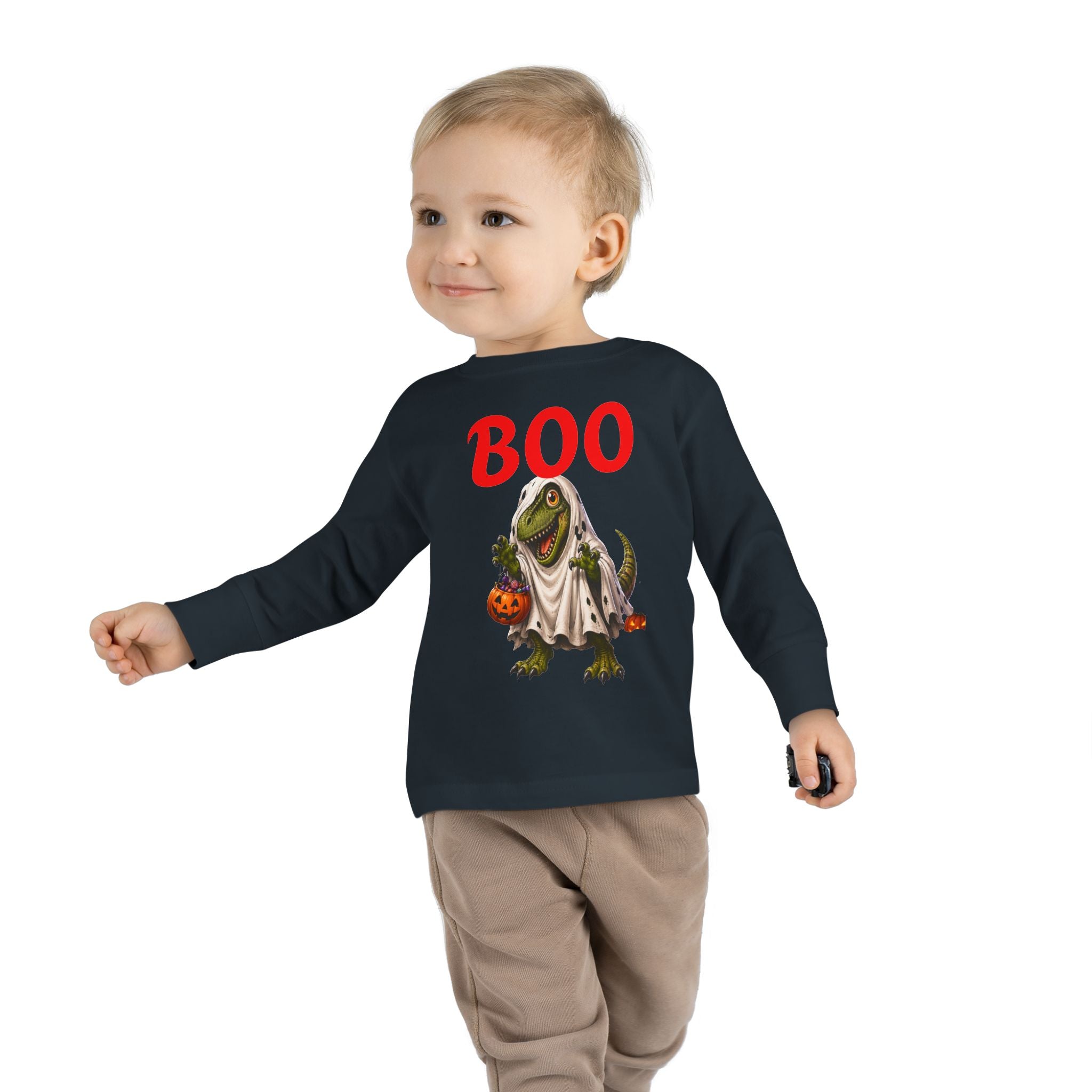 Halloween Toddler Long Sleeve Tee — Cute Dinosaur Ghost "BOO!" Halloween Shirt