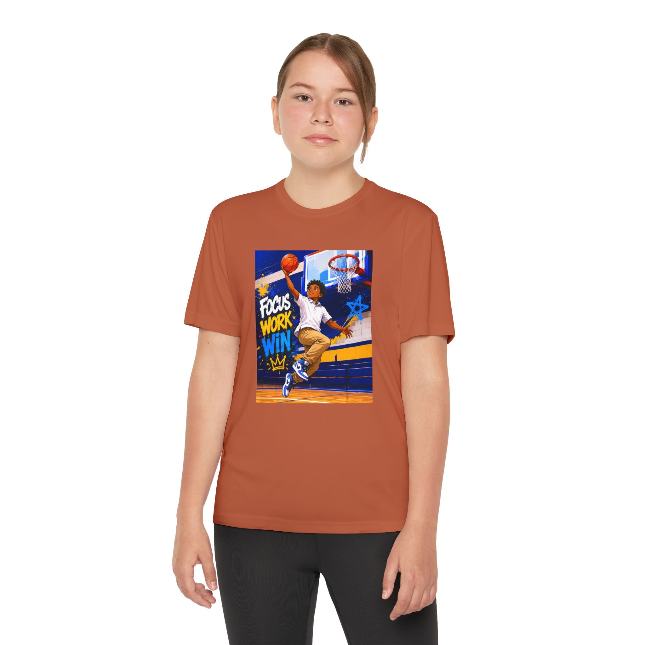Youth Basketball Tee, Back to School — "Focus Work Win" Personalized Name Jersey