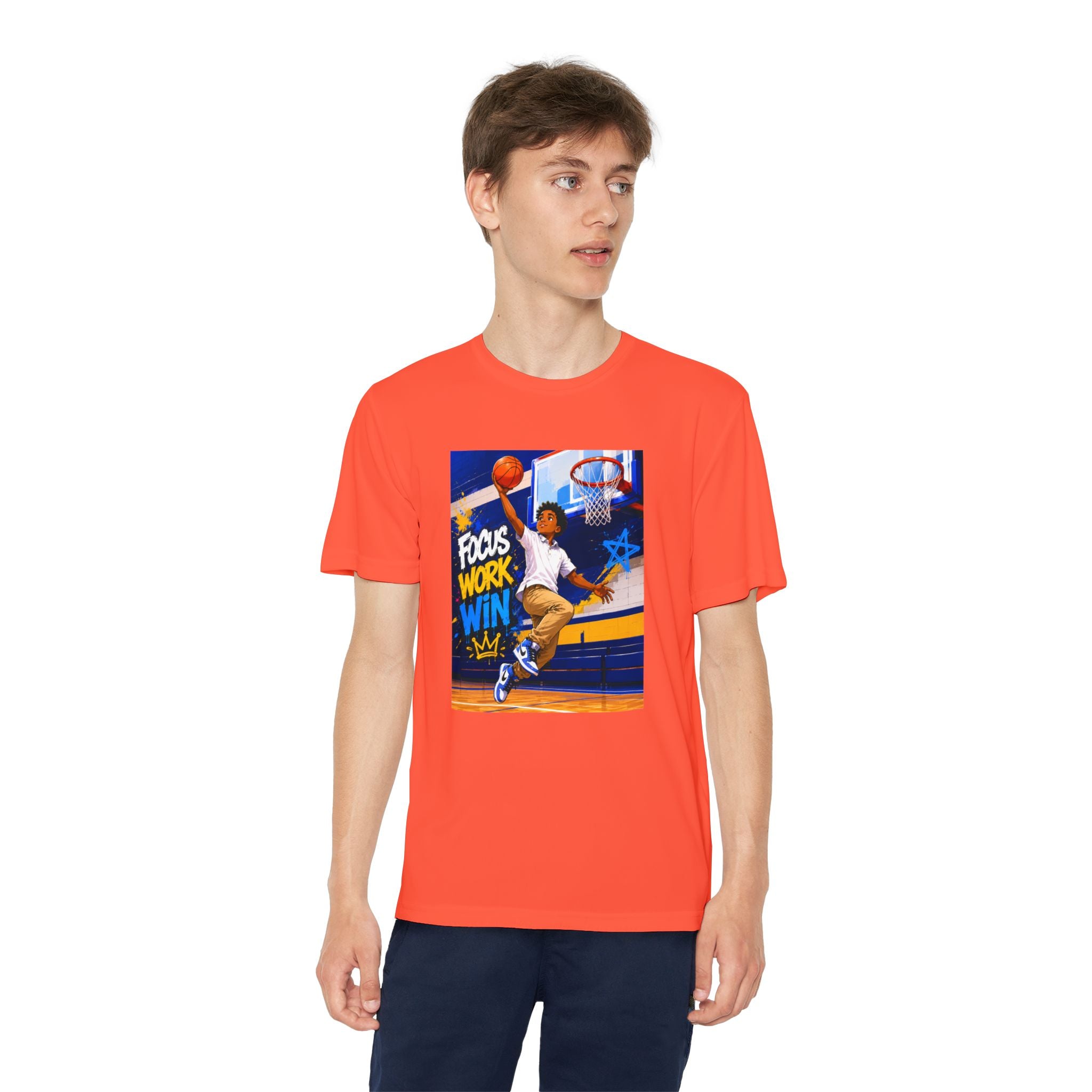 Youth Basketball Tee, Back to School — "Focus Work Win" Personalized Name Jersey