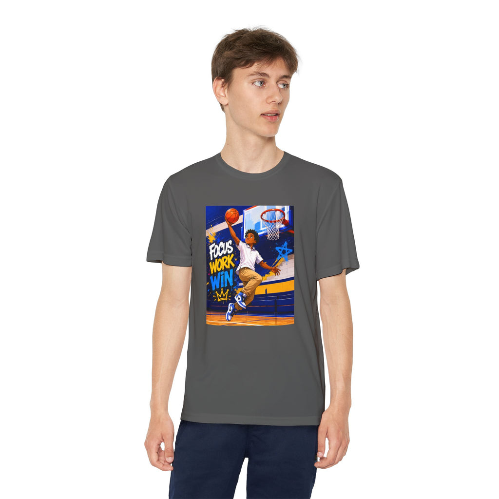 Youth Basketball Tee, Back to School — "Focus Work Win" Personalized Name Jersey