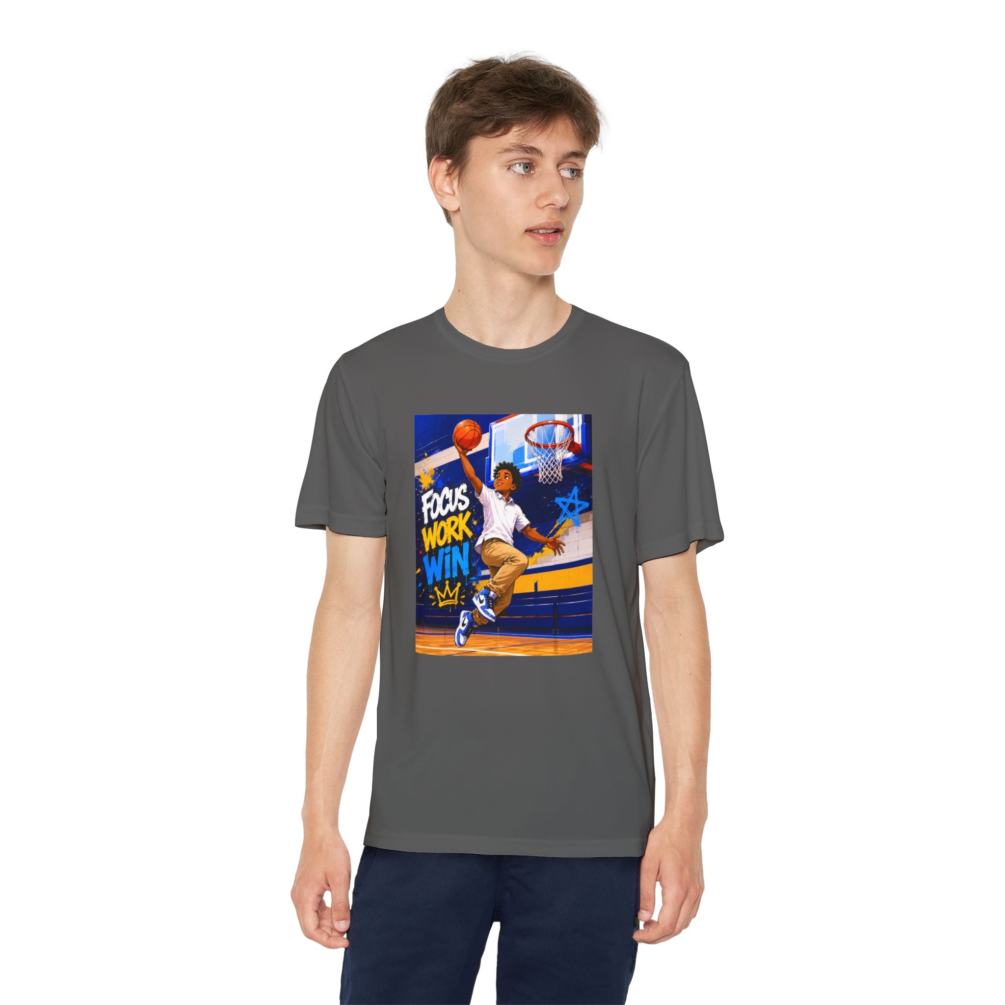 Youth Basketball Tee, Back to School — "Focus Work Win" Personalized Name Jersey