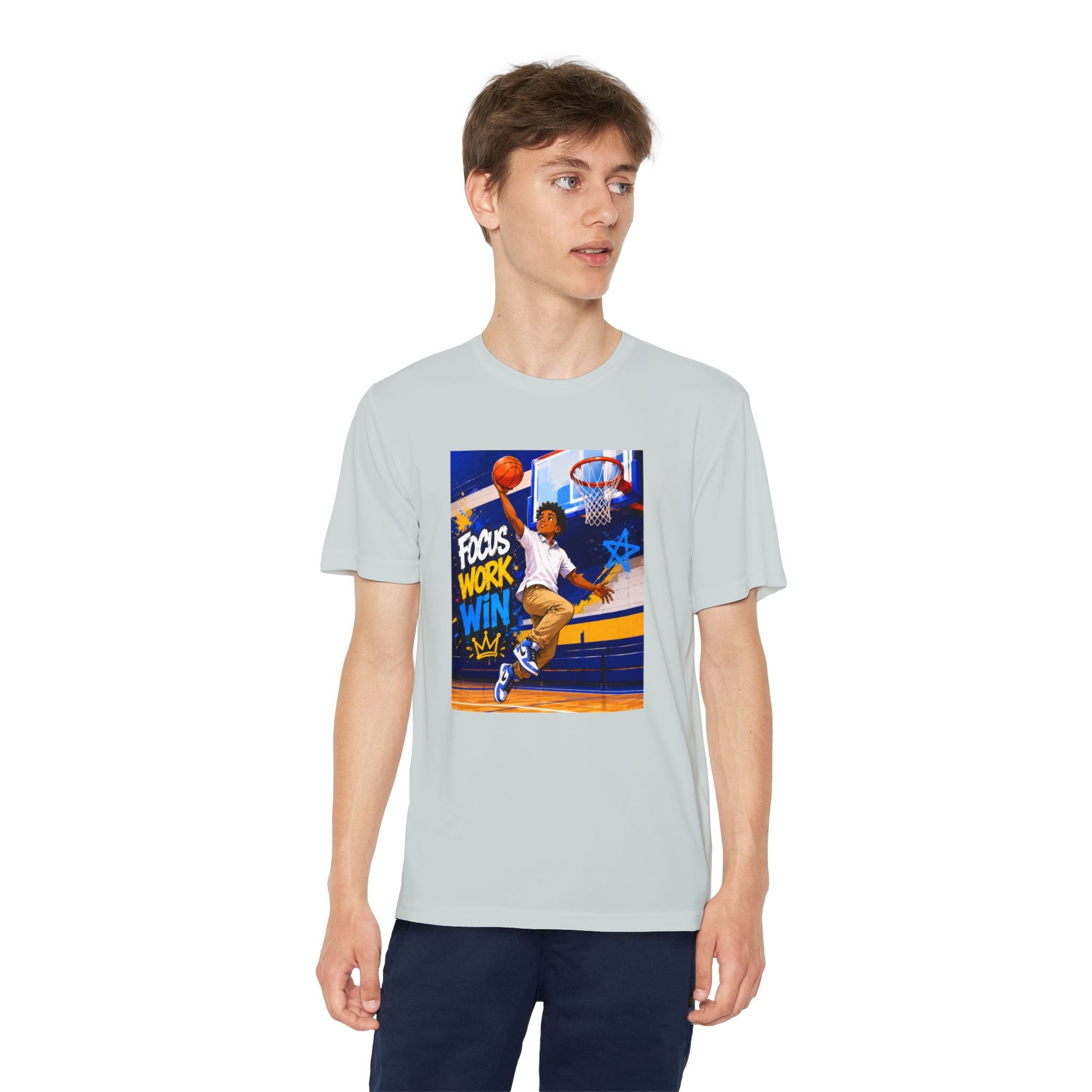 Youth Basketball Tee, Back to School — "Focus Work Win" Personalized Name Jersey