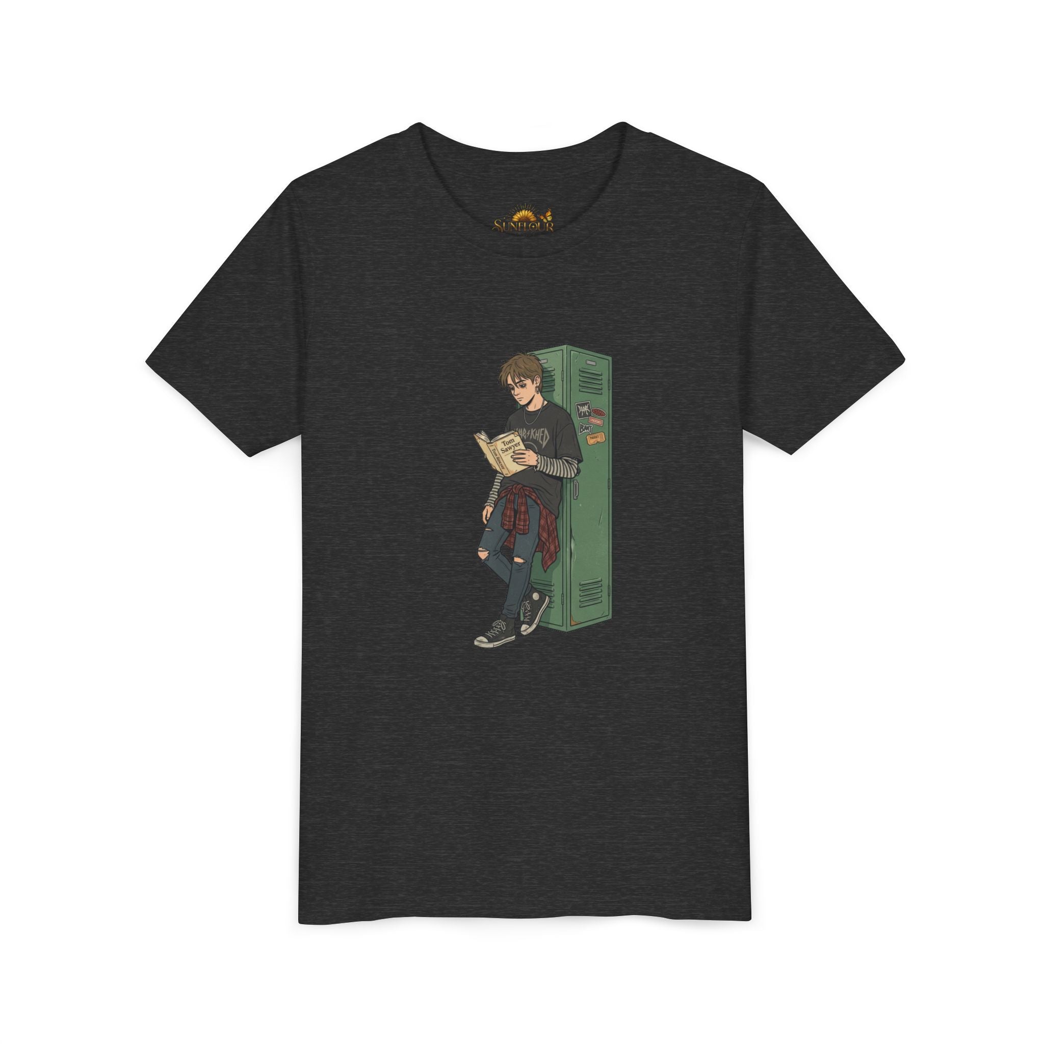 Youth Graphic Tee — Teen Boy Reading by Locker Illustration