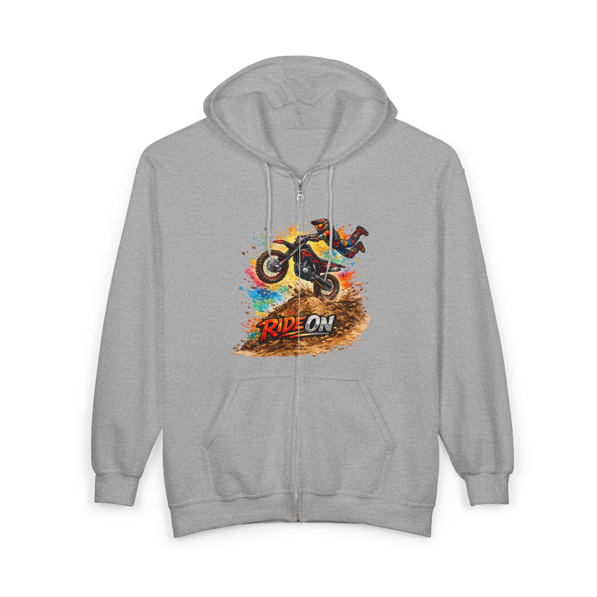 Motorbike Zip Hoodie - 'Ride On' Dirt Bike Graphic Full-Zip Sweatshirt