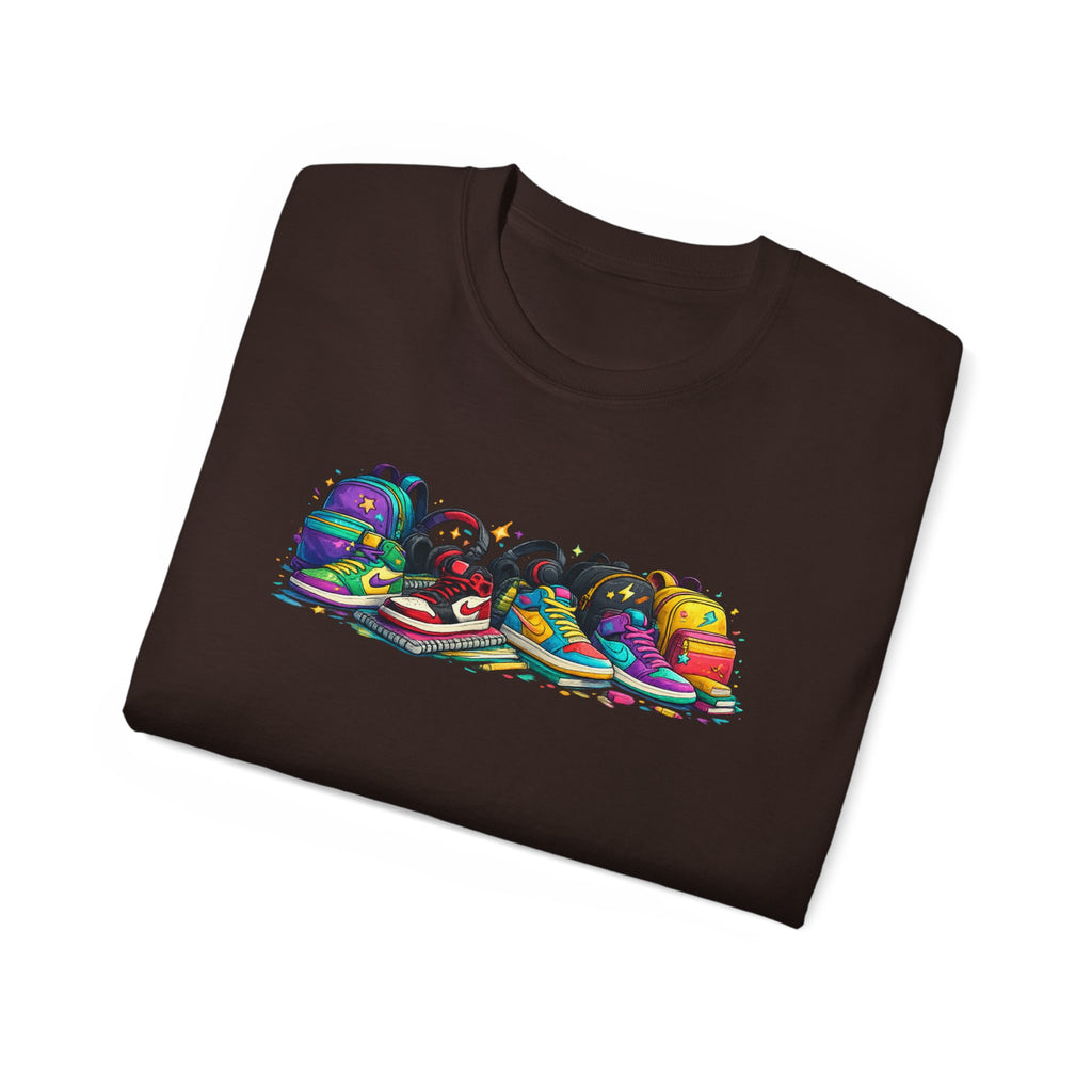 Colorful Sneaker Stack Tee — Graphic Shoe & Backpack Illustration T‑Shirt