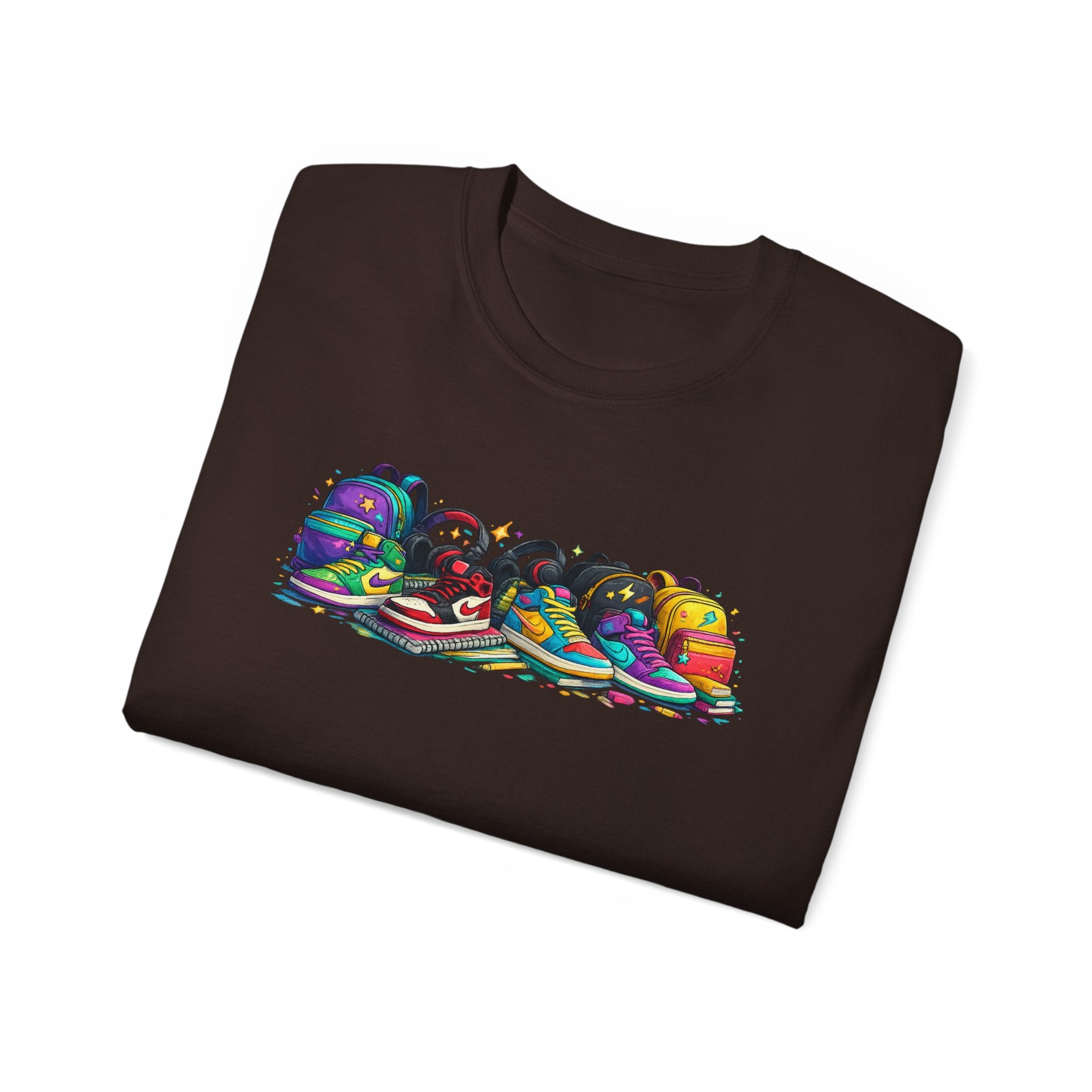 Colorful Sneaker Stack Tee — Graphic Shoe & Backpack Illustration T‑Shirt