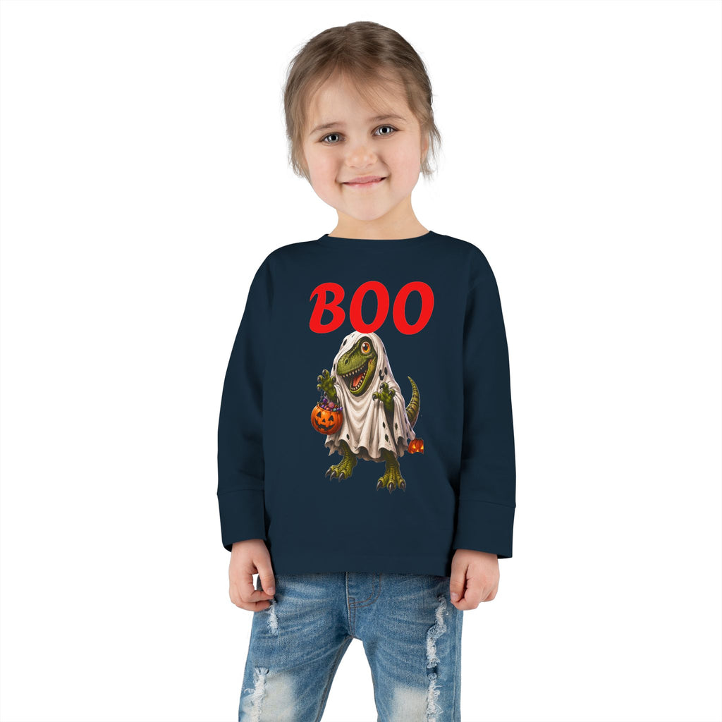 Halloween Toddler Long Sleeve Tee — Cute Dinosaur Ghost "BOO!" Halloween Shirt