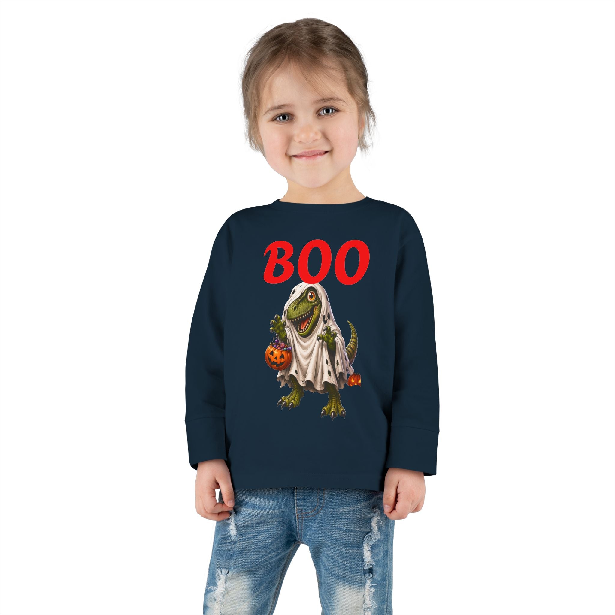 Halloween Toddler Long Sleeve Tee — Cute Dinosaur Ghost "BOO!" Halloween Shirt