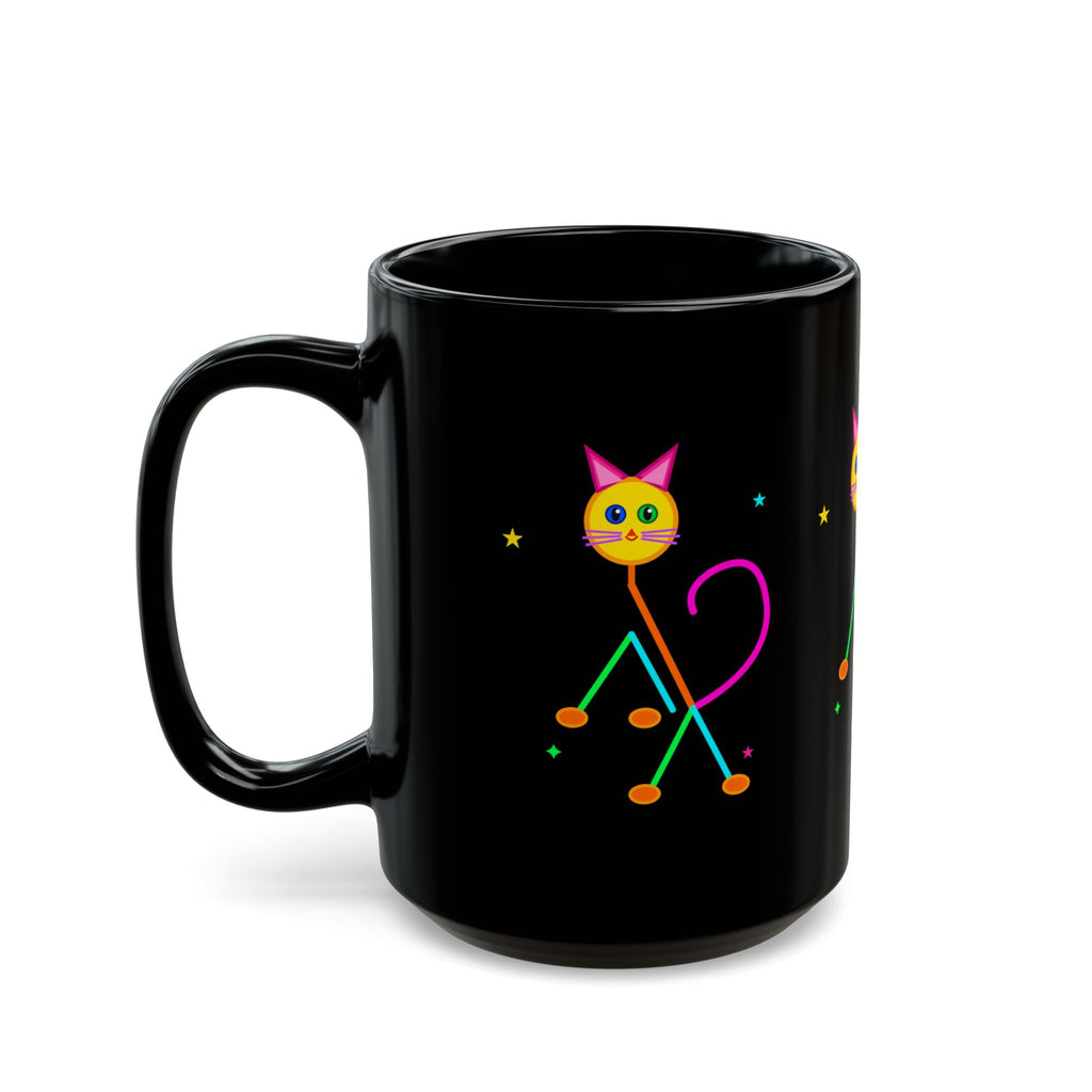 Neon Cat Black Mug — Colorful Retro Cat Coffee Cup (11oz/15oz)