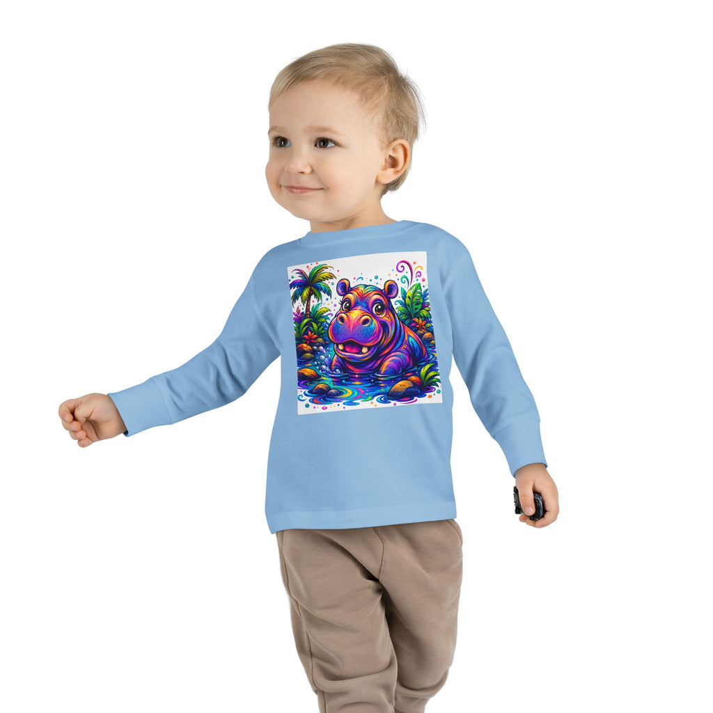 Colorful Hippo Toddler Long Sleeve Tee — Vibrant Jungle Animal Shirt for Kids