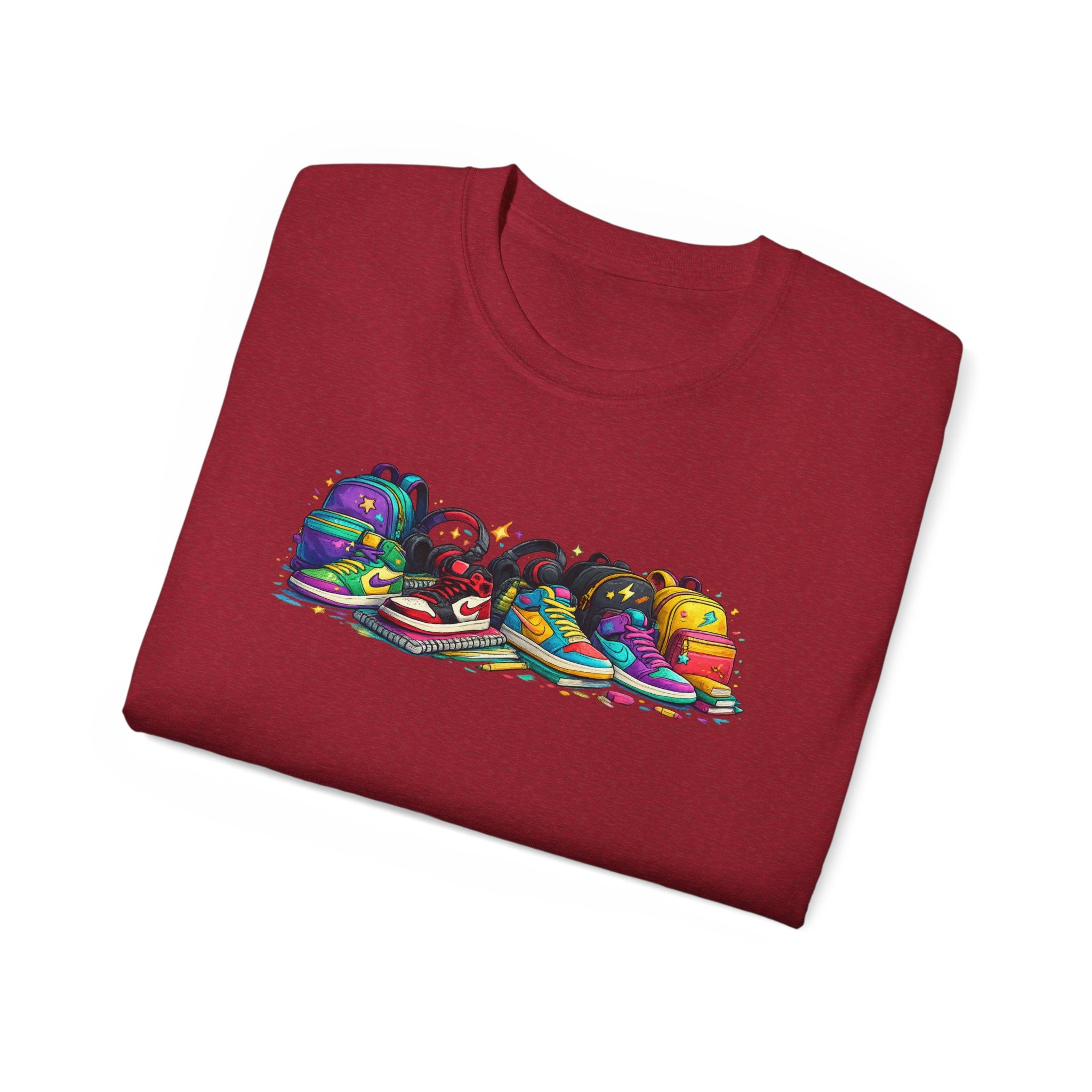 Colorful Sneaker Stack Tee — Graphic Shoe & Backpack Illustration T‑Shirt