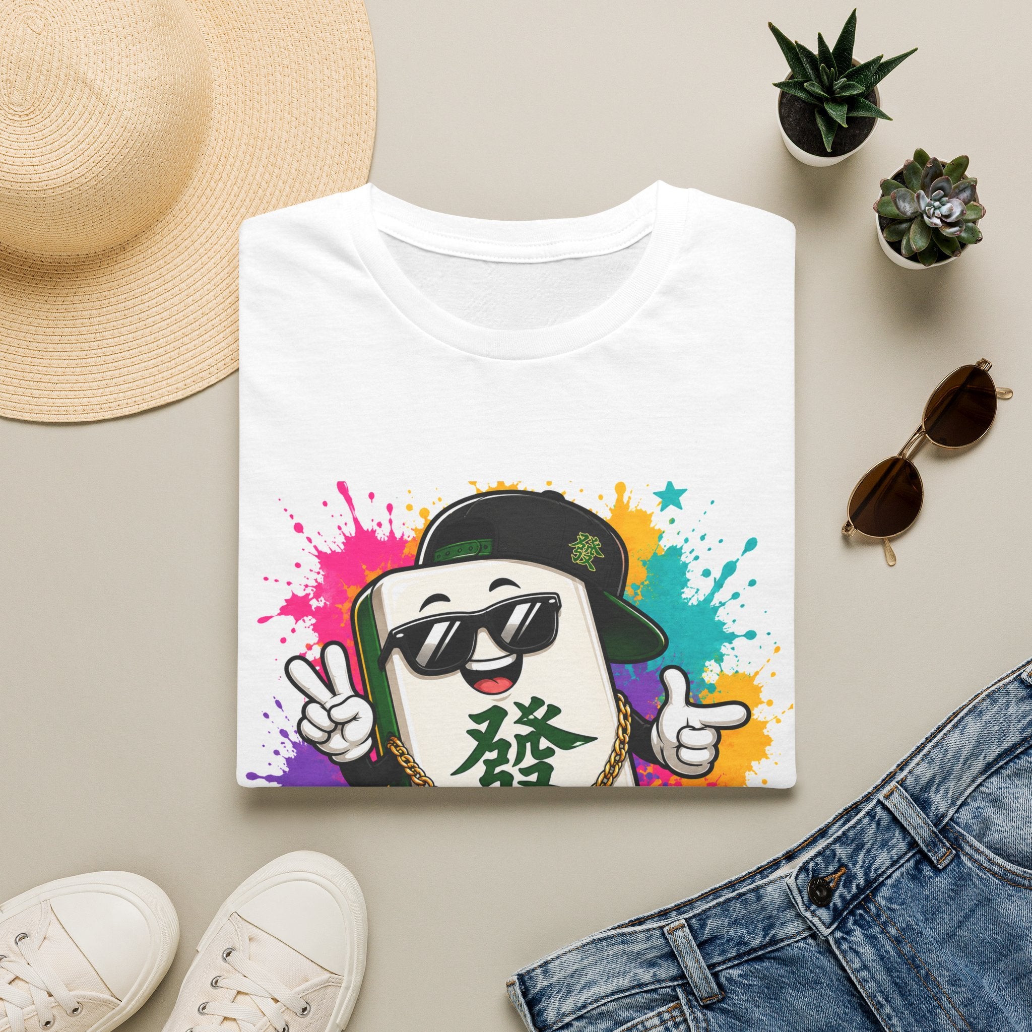 T-Shirt — Street-Style Mahjong Tile Graphic Tee (發 Character)