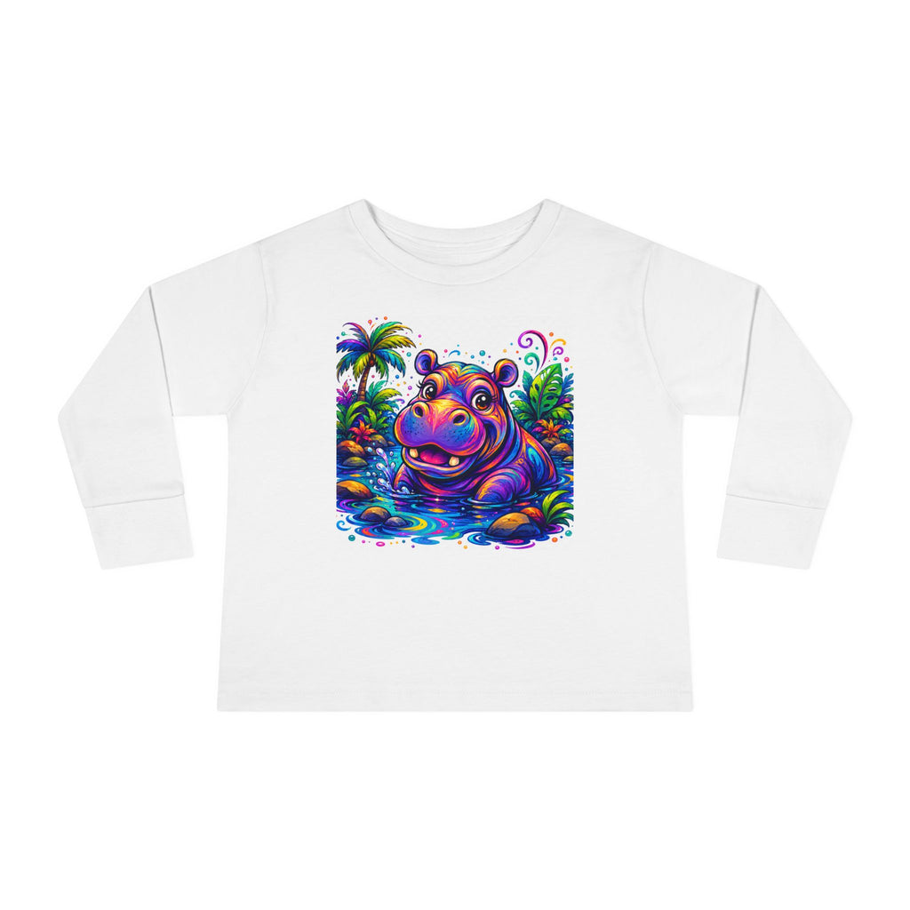 Colorful Hippo Toddler Long Sleeve Tee — Vibrant Jungle Animal Shirt for Kids