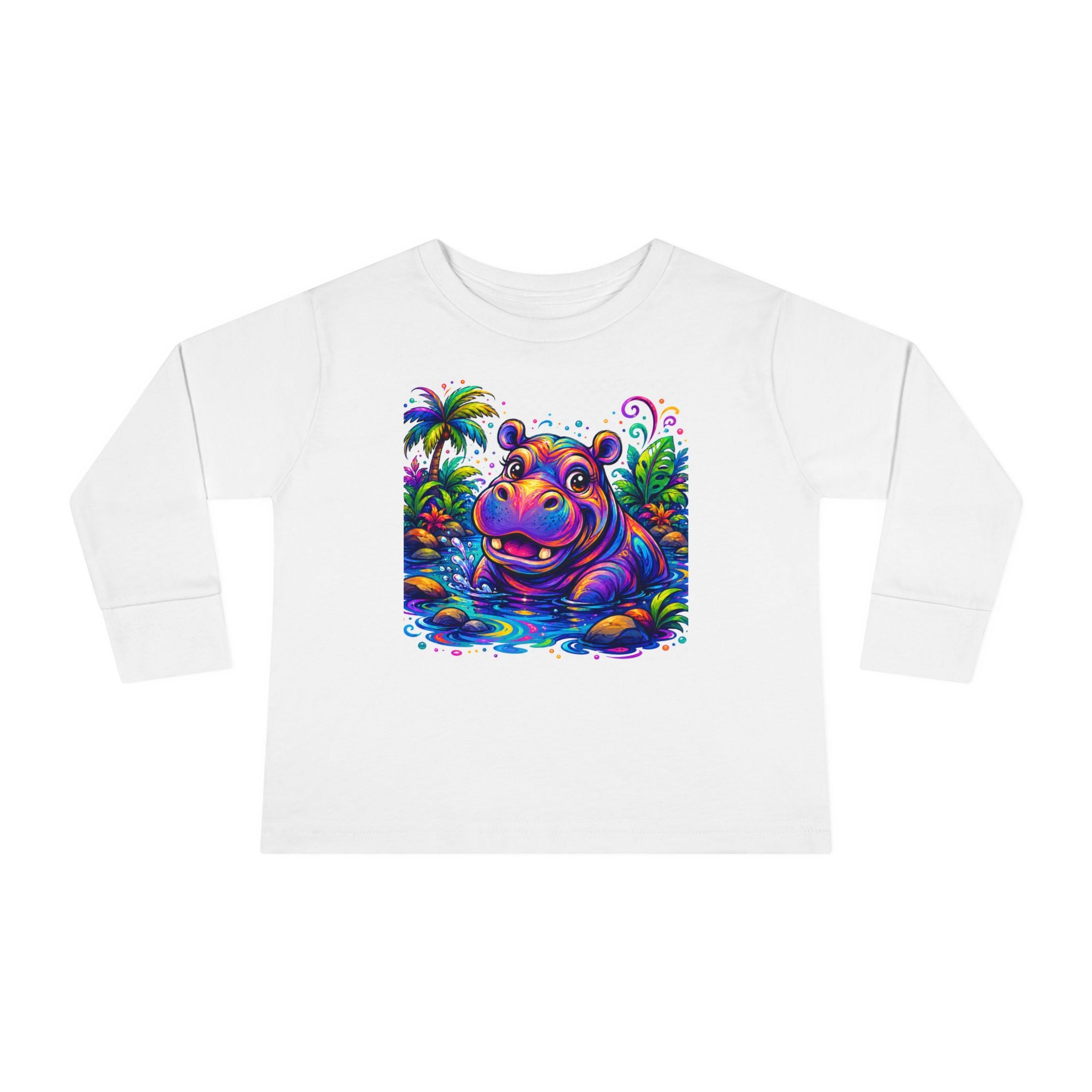 Colorful Hippo Toddler Long Sleeve Tee — Vibrant Jungle Animal Shirt for Kids