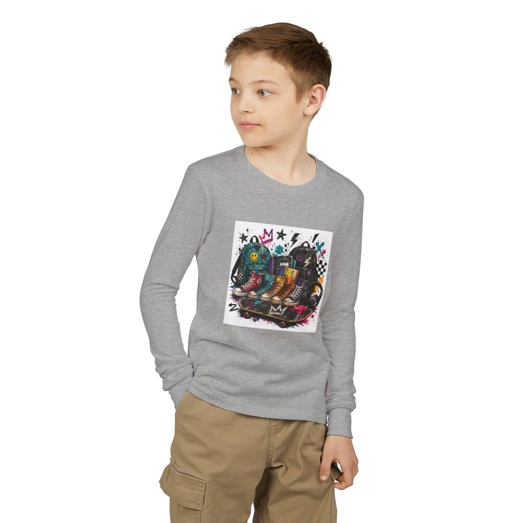 Youth Long Sleeve Tee — Colorful Skateboard & Sneakers Graphic