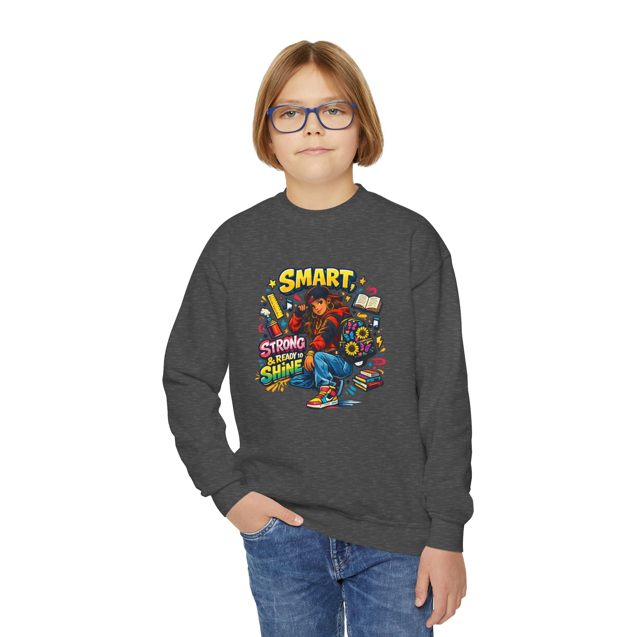 Youth Crewneck Sweatshirt — "Smart, Strong & Brave" Colorful Skateboard Graphic