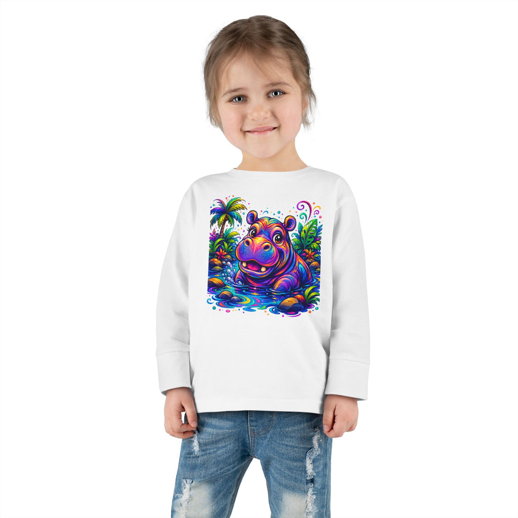 Colorful Hippo Toddler Long Sleeve Tee — Vibrant Jungle Animal Shirt for Kids
