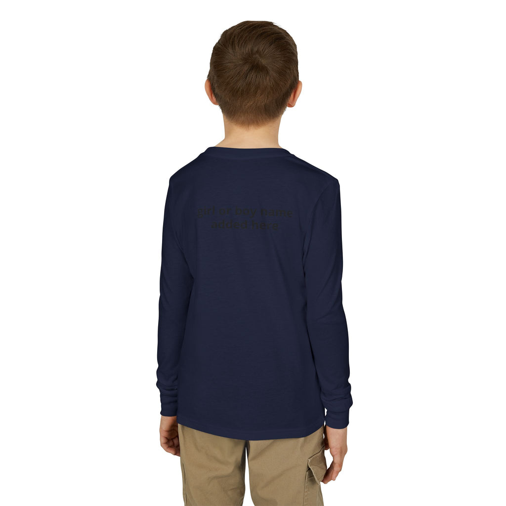 Youth Long Sleeve Tee — Spooky Dinosaur Jack-O'-Lantern Halloween Shirt (Custom Name)
